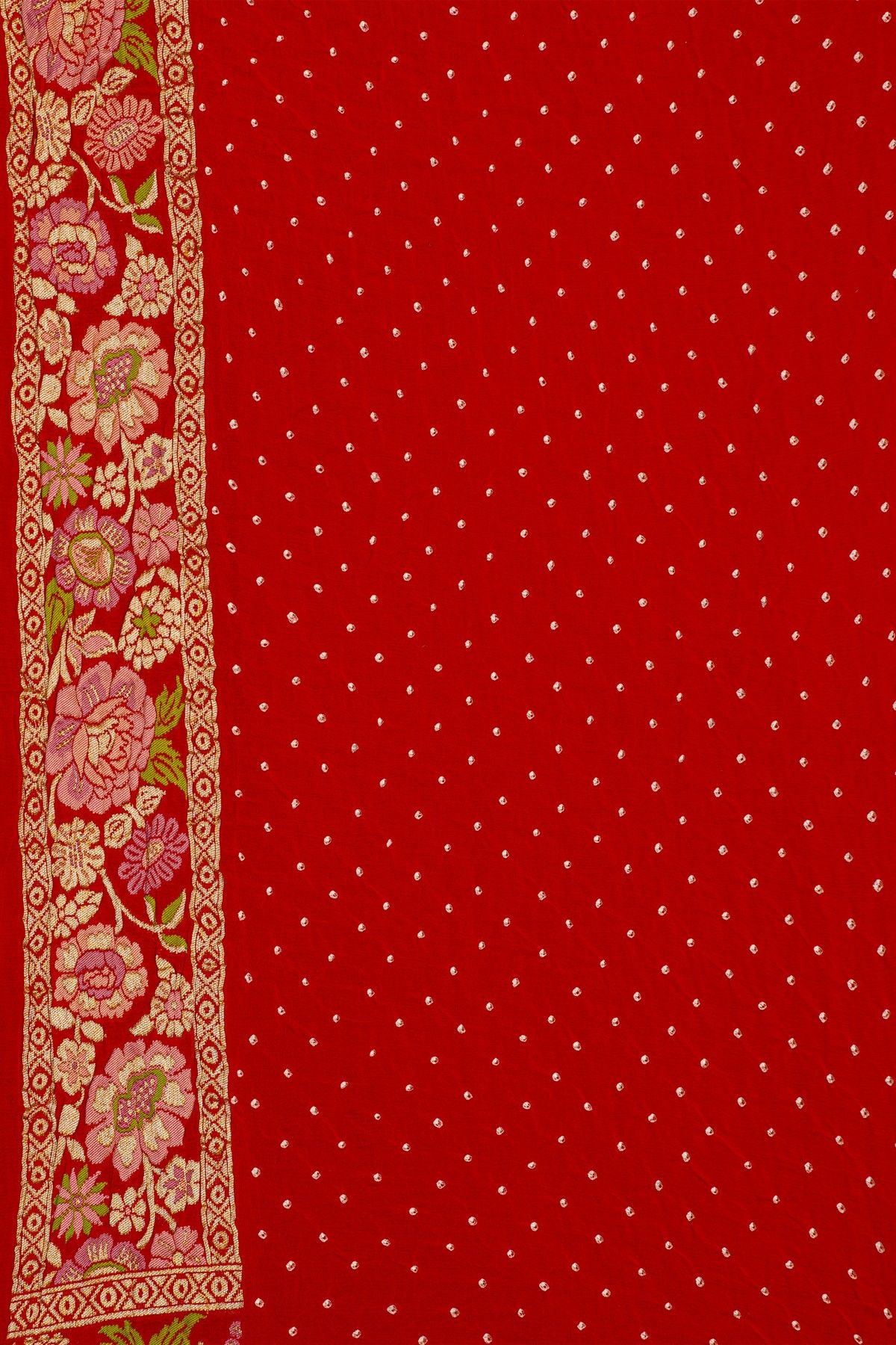 Pure Bandhani Kaddi Georgette Red Saree WIth All Over Florals In Jaal