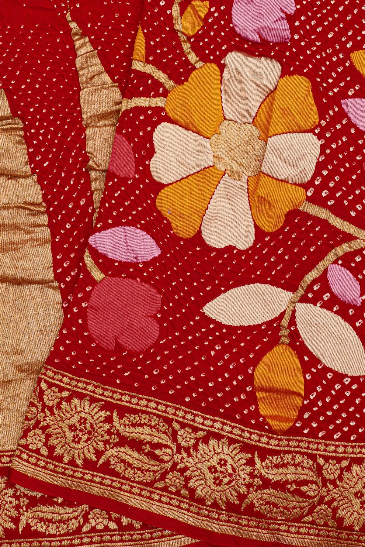 Bandhani Silk Red Saree With Florals And Leaves In Bandhani Body
