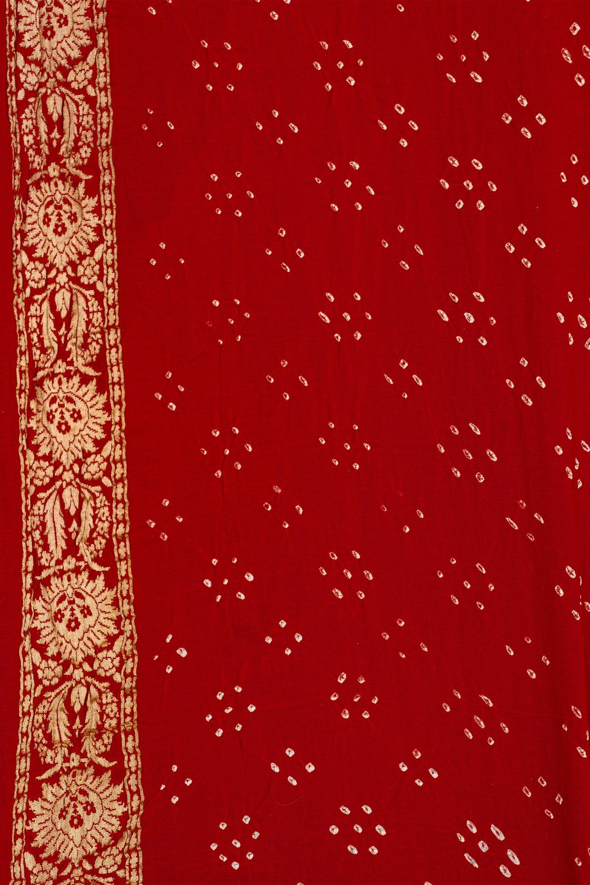 Bandhani Silk Red Saree With Florals And Leaves In Bandhani Body