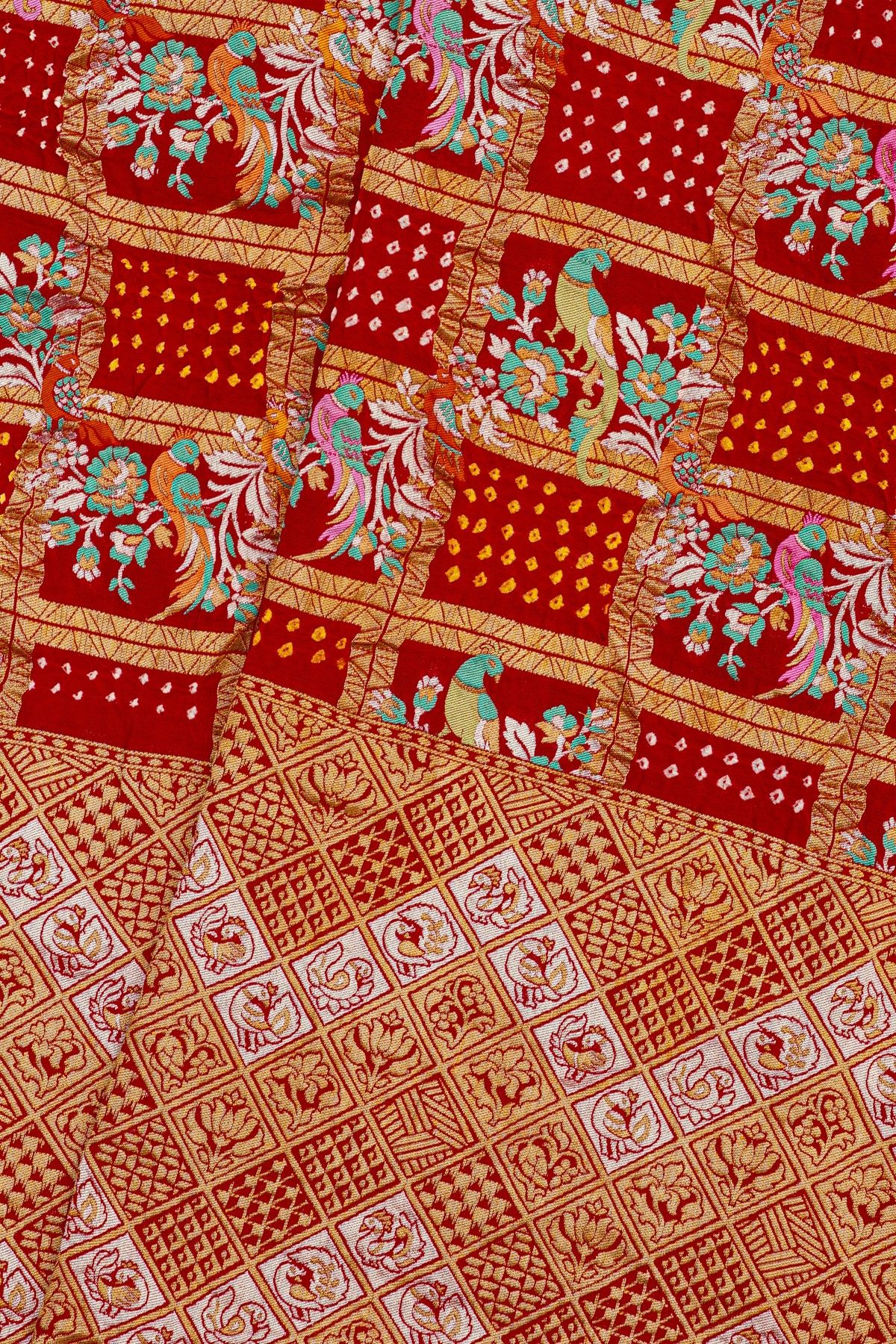 Pure Bandhani Kaddi Georgette Red Saree WIth All Over Floral Jaal