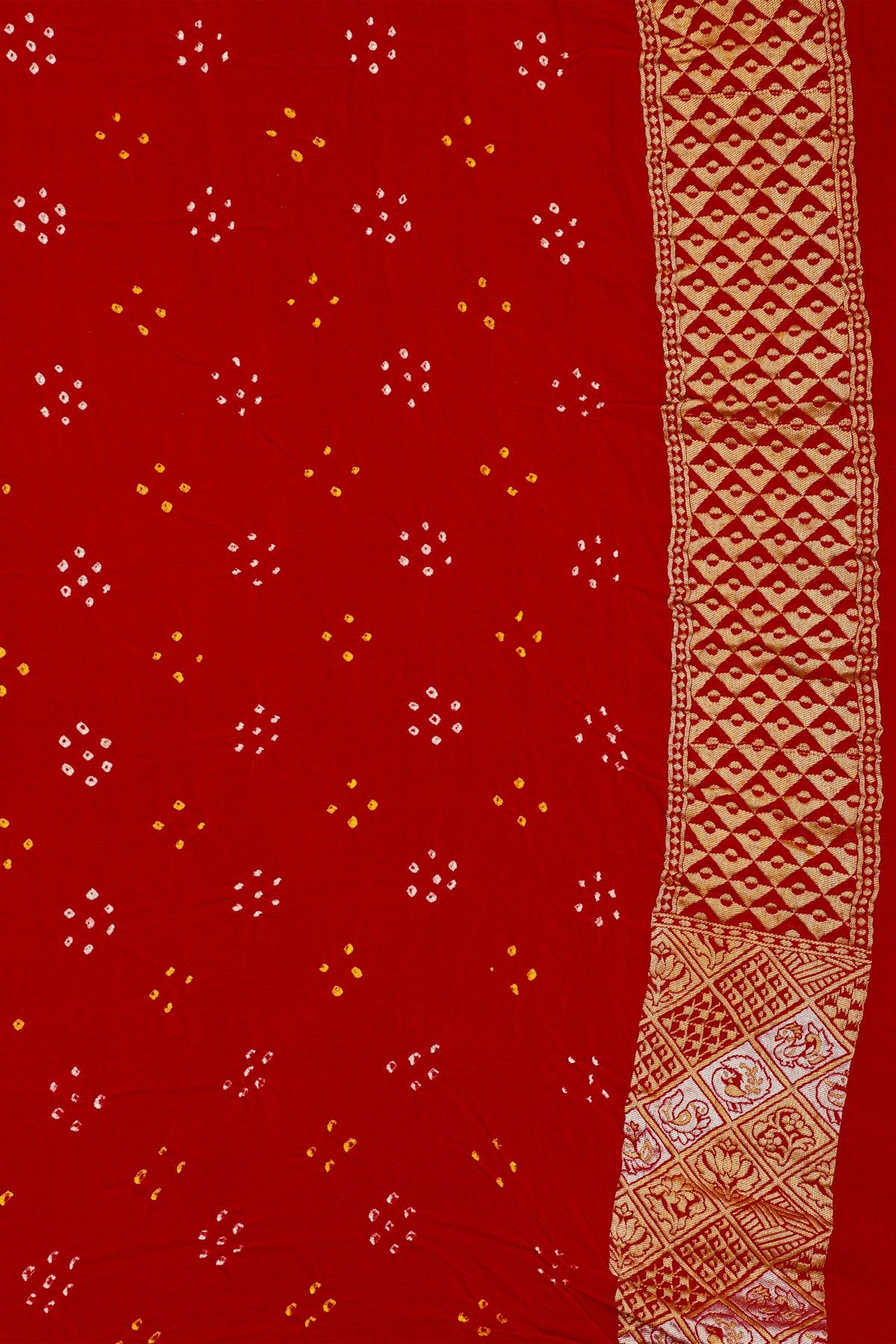 Pure Bandhani Kaddi Georgette Red Saree WIth All Over Floral Jaal