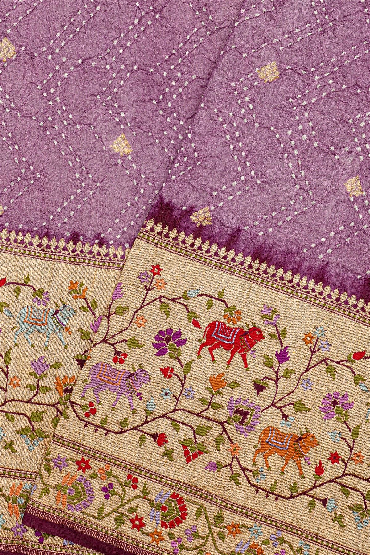 Bandhani Silk Lavender Saree With Florals And Leaves Jaal With Cows Border