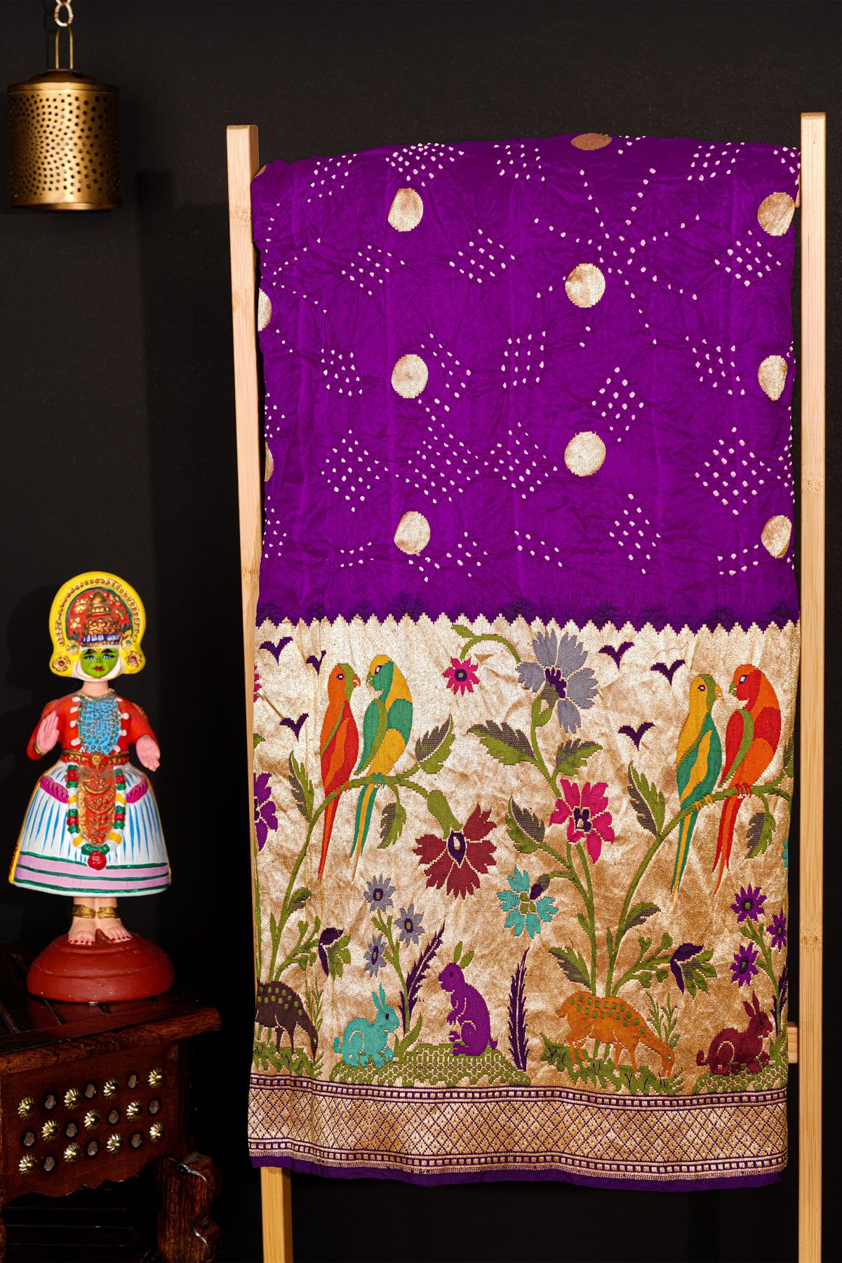 Bandhani Silk Dark Purple Saree With Paithani Border