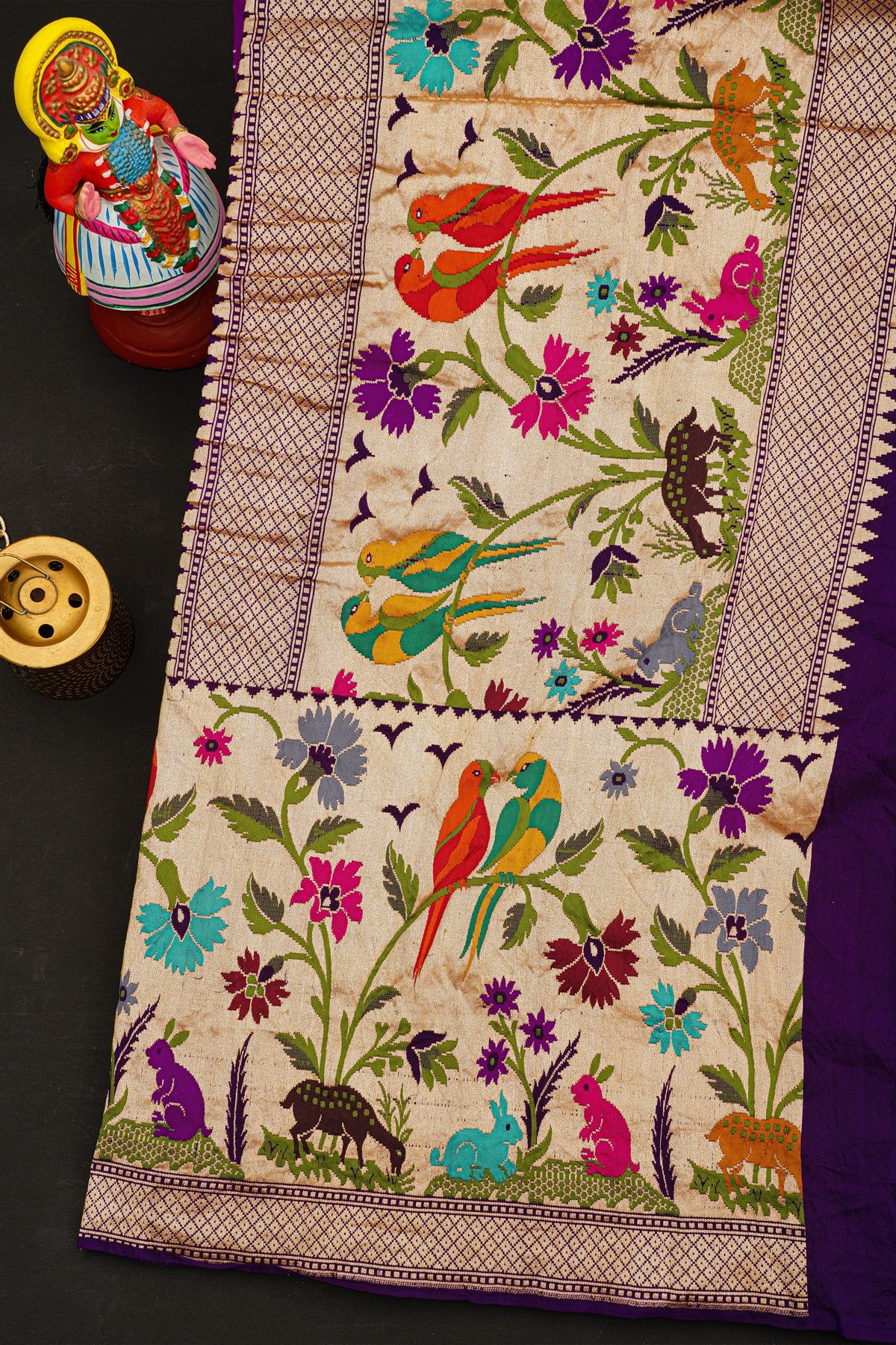 Bandhani Silk Dark Purple Saree With Paithani Border