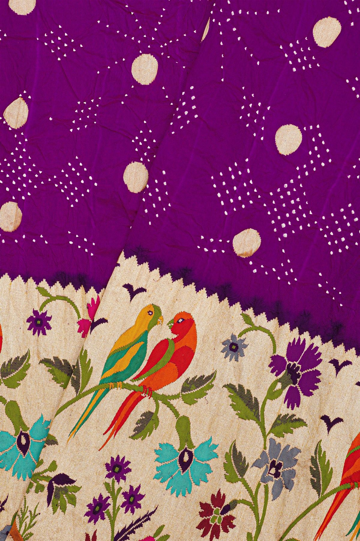 Bandhani Silk Dark Purple Saree With Paithani Border