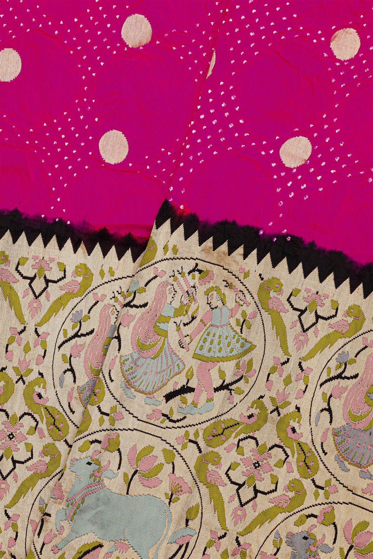 Bandhani Silk Pink Saree With Paithani Border