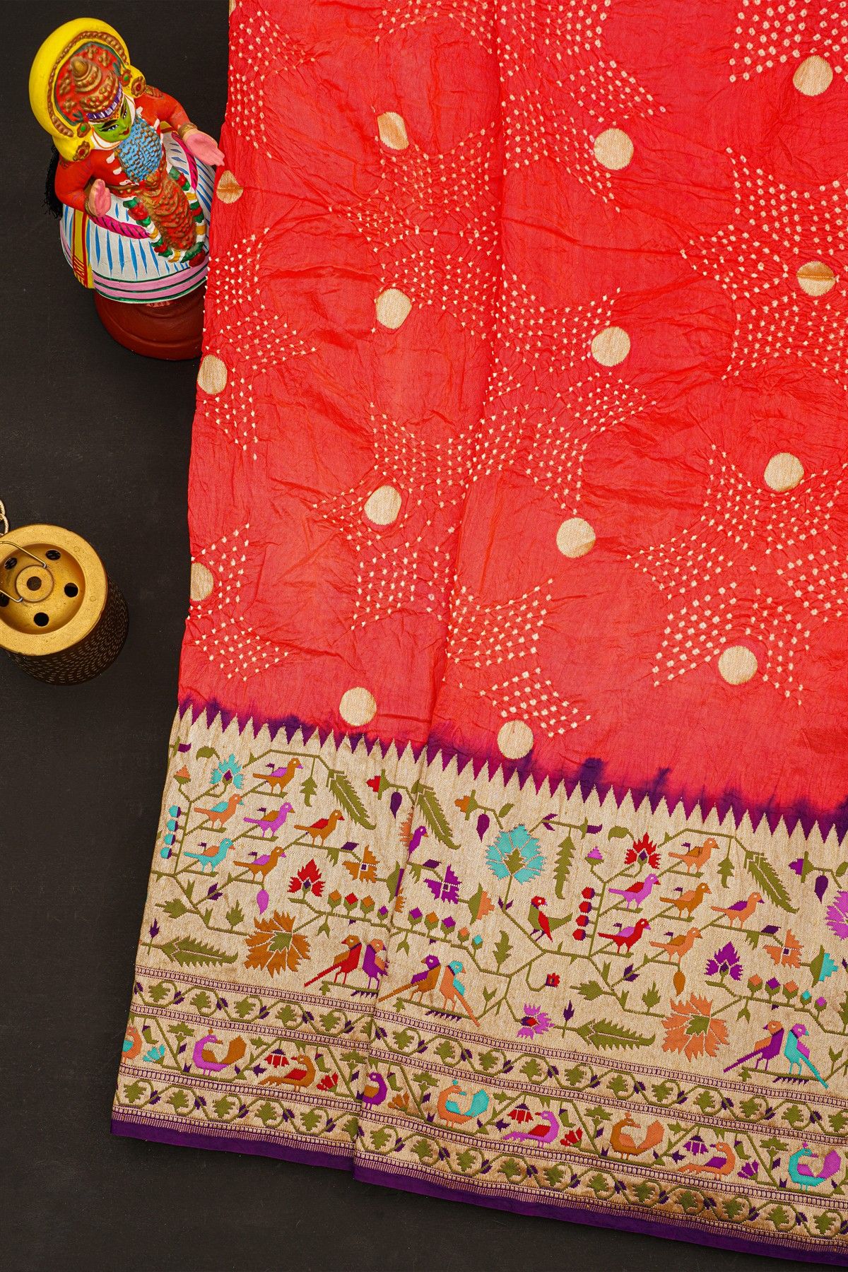 Bandhani Silk Orange Saree With Paithani Border