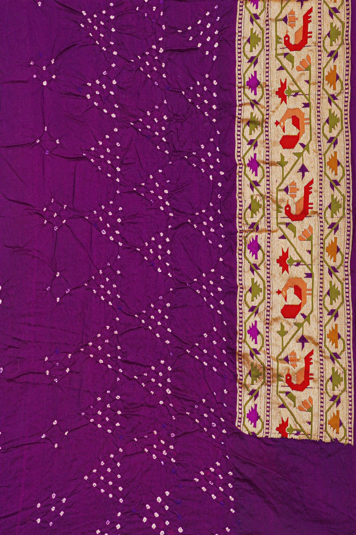 Bandhani Silk Orange Saree With Paithani Border