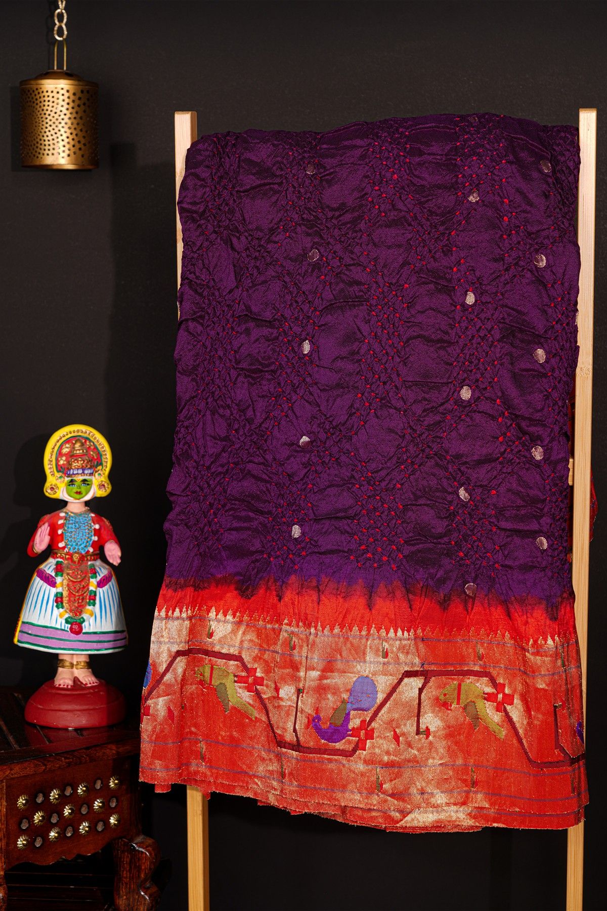 Bandhani Silk Dark Violet Saree With Bandhani Dots Body And Paithani Border