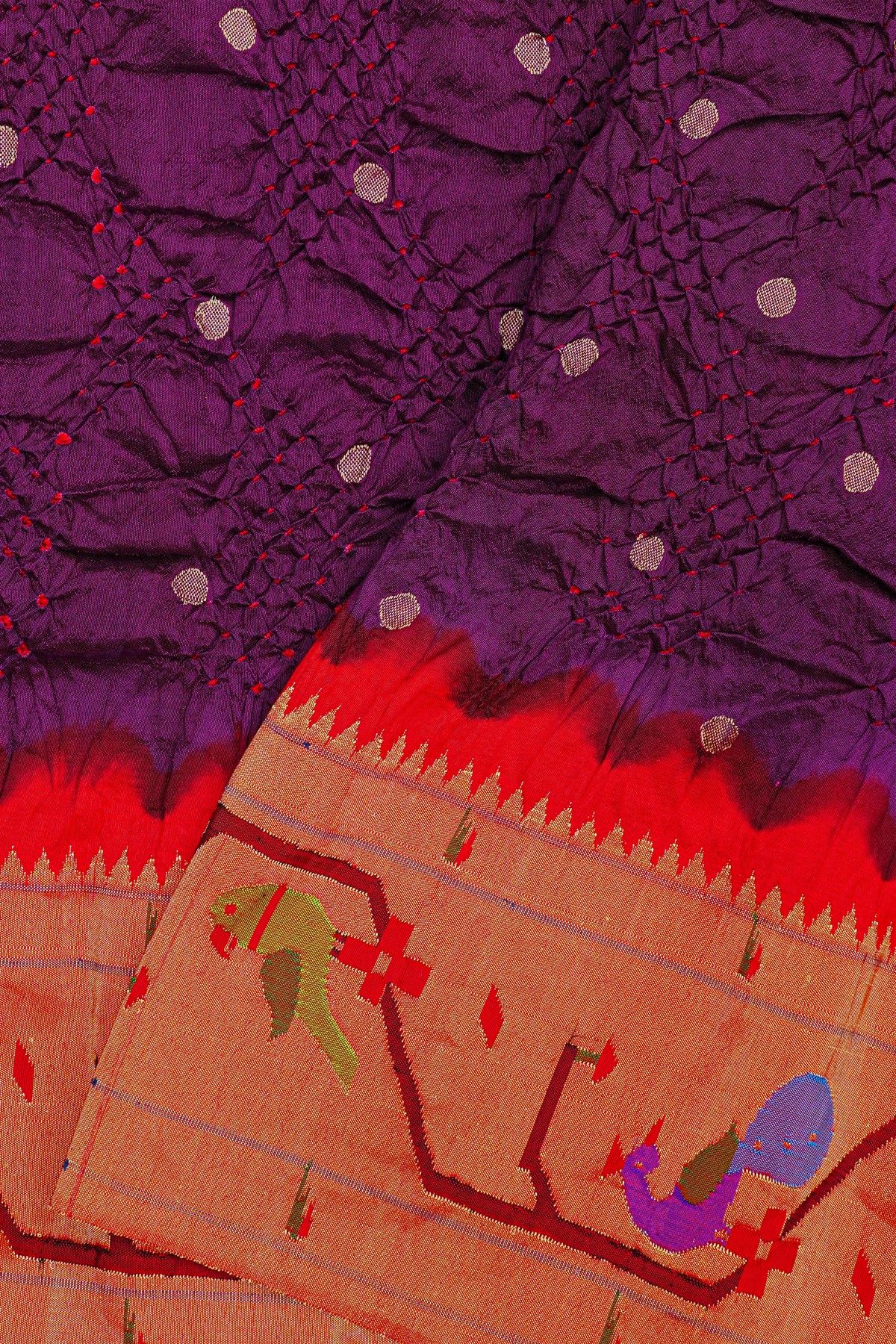 Bandhani Silk Dark Violet Saree With Bandhani Dots Body And Paithani Border