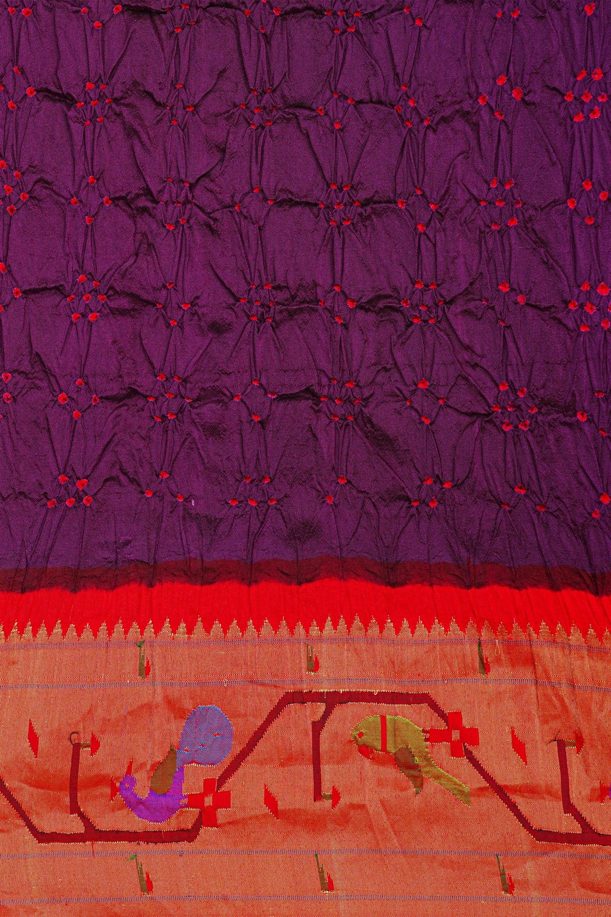 Bandhani Silk Dark Violet Saree With Bandhani Dots Body And Paithani Border