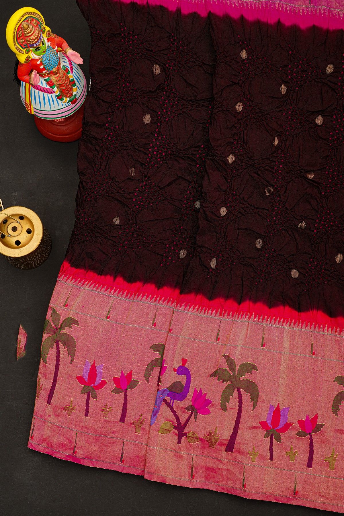 Bandhani Silk Dark Brown Saree With Bandhani Dots Body And Paithani Border