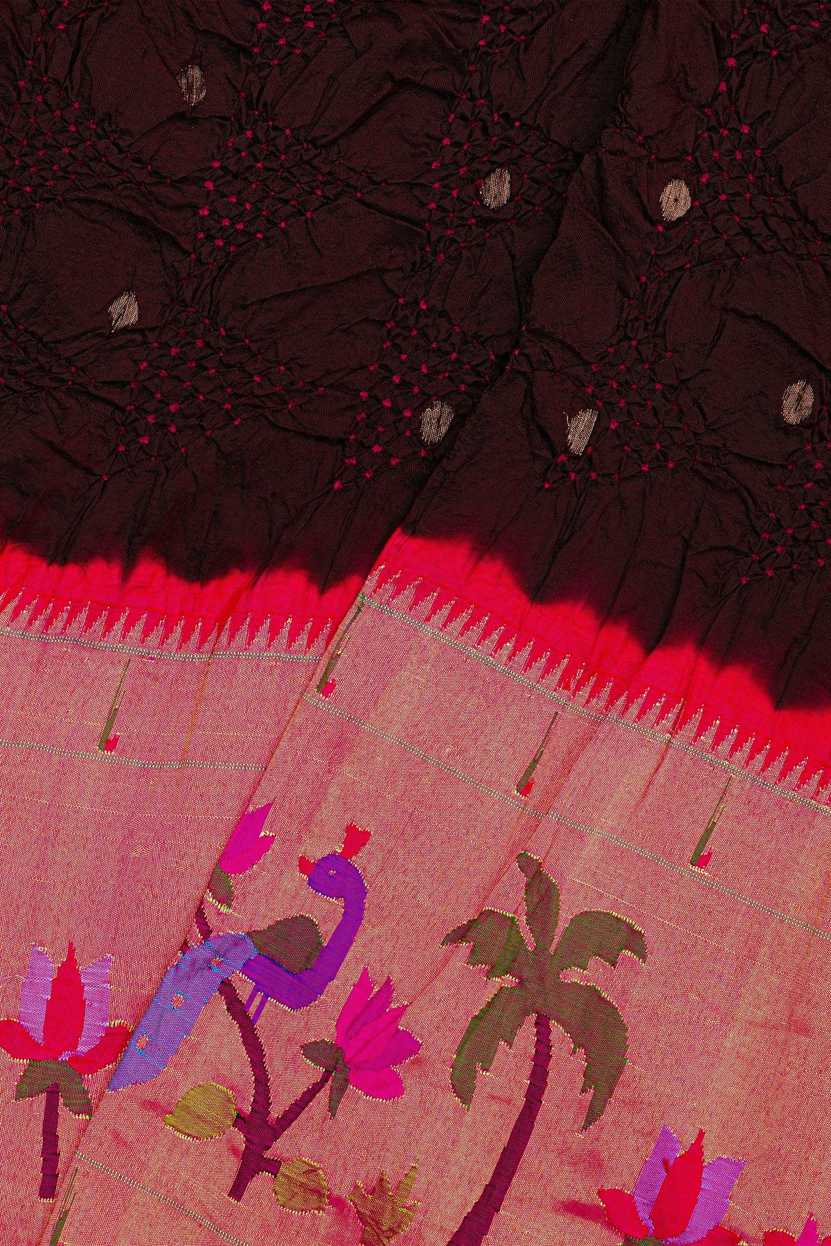 Bandhani Silk Dark Brown Saree With Bandhani Dots Body And Paithani Border