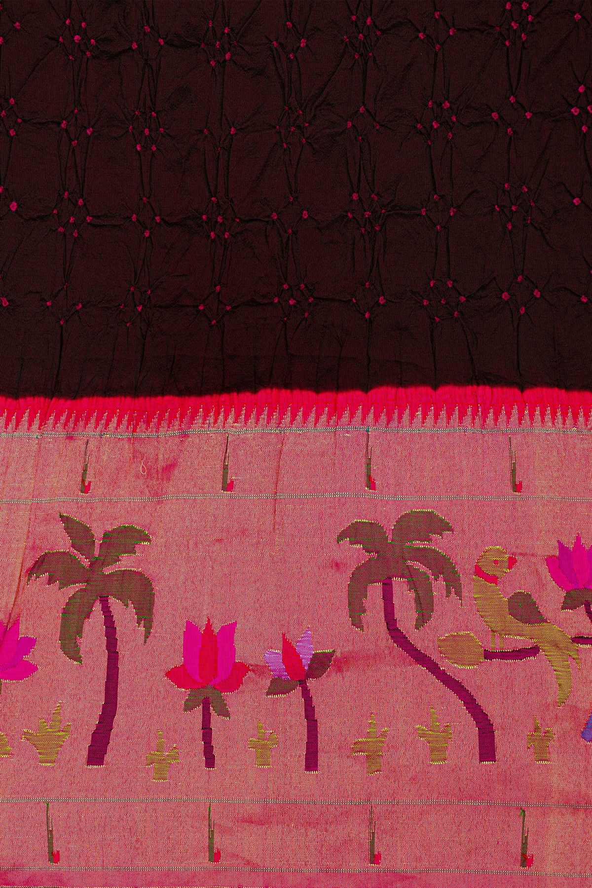 Bandhani Silk Dark Brown Saree With Bandhani Dots Body And Paithani Border