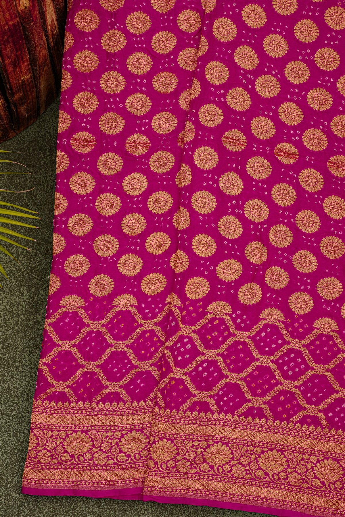 Bandhani Kaddi Georgette Magenta Saree With Bandhani Dots And Florals Body