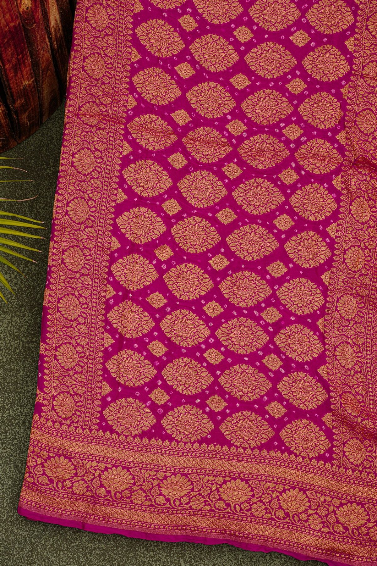 Bandhani Kaddi Georgette Magenta Saree With Bandhani Dots And Florals Body