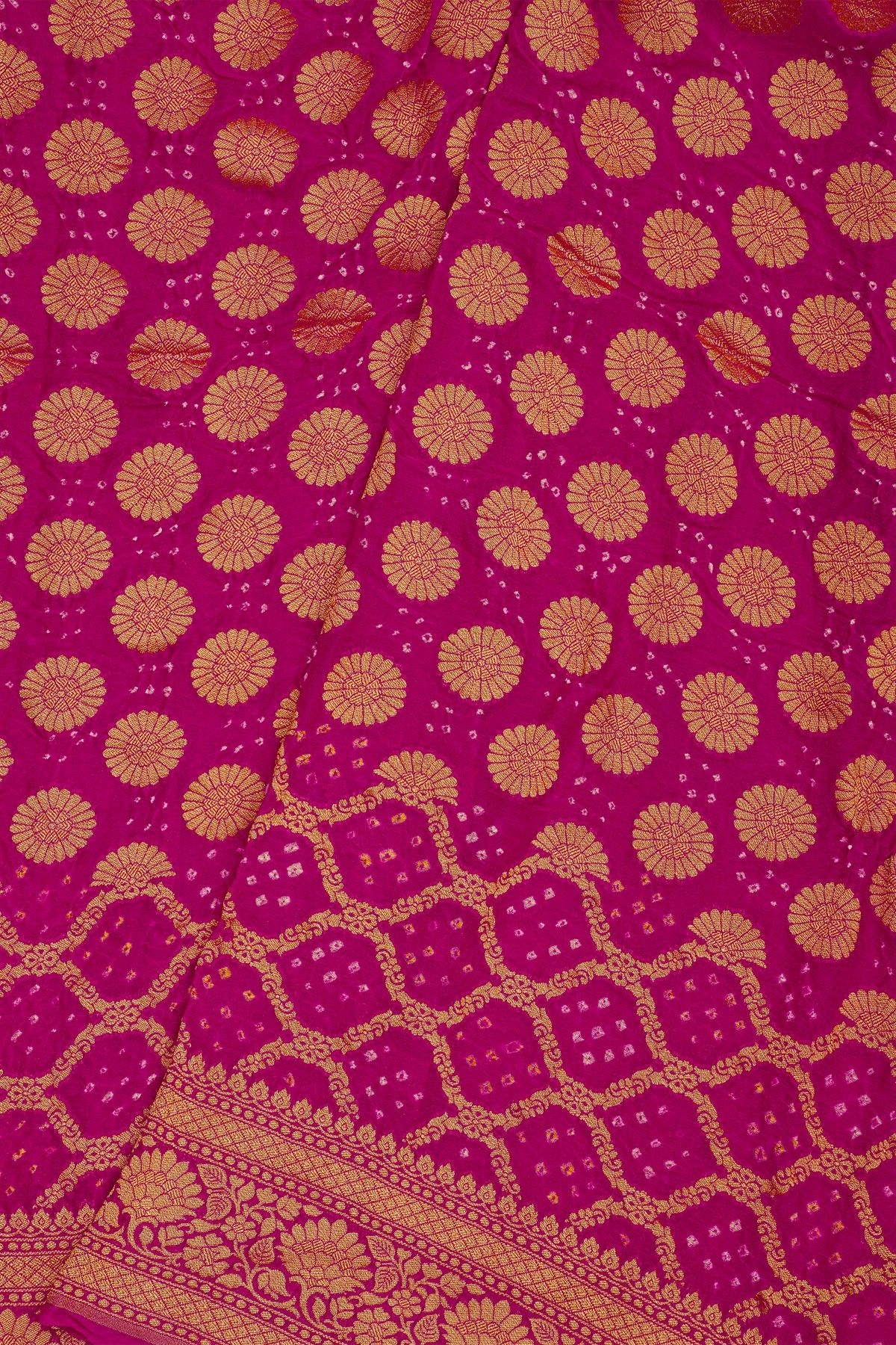 Bandhani Kaddi Georgette Magenta Saree With Bandhani Dots And Florals Body