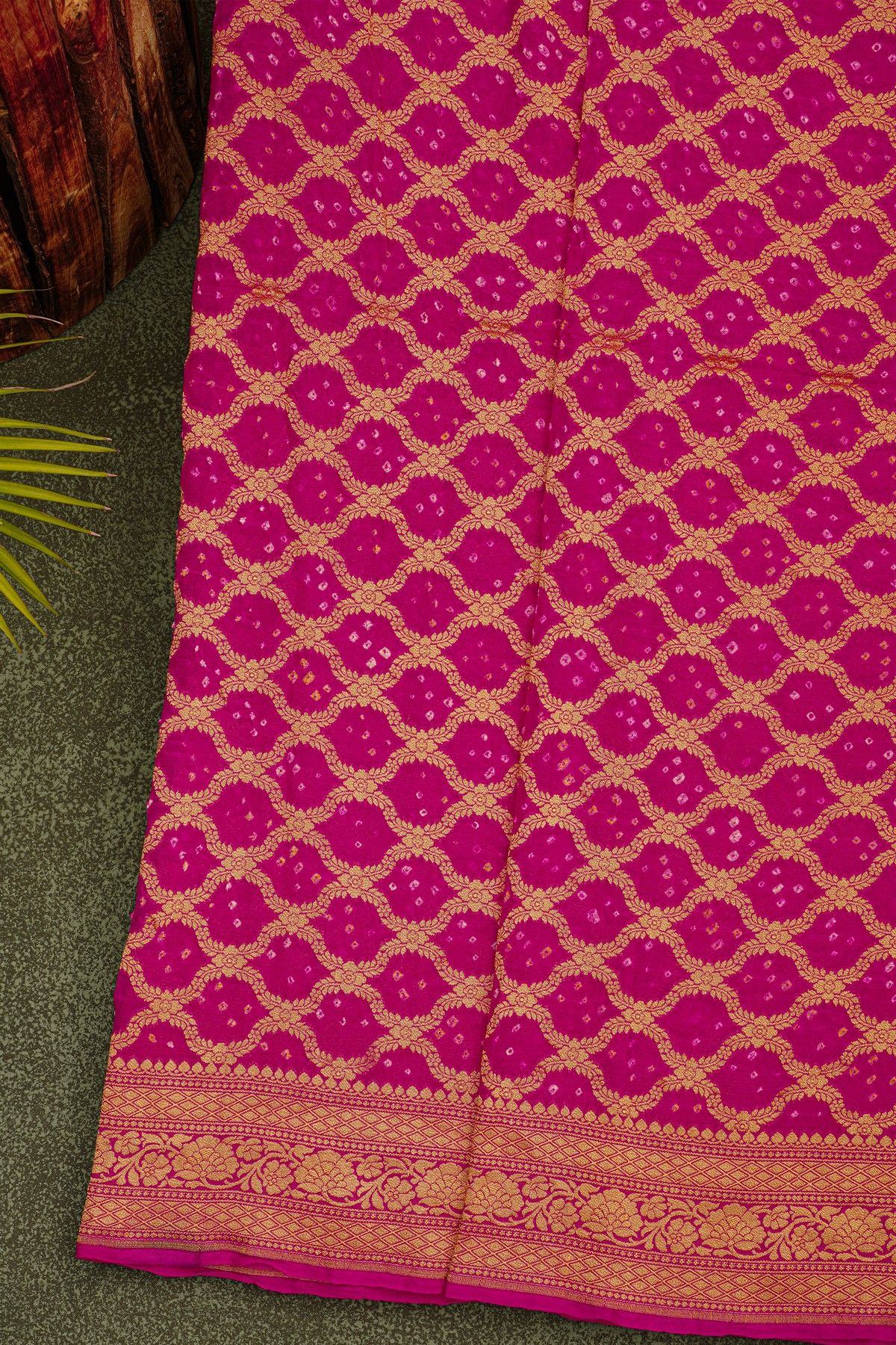 Bandhani Kaddi Georgette Magenta Saree With Bandhani Dots And Florals Body