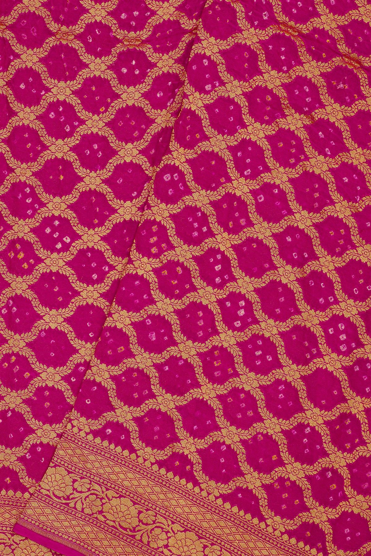 Bandhani Kaddi Georgette Magenta Saree With Bandhani Dots And Florals Body