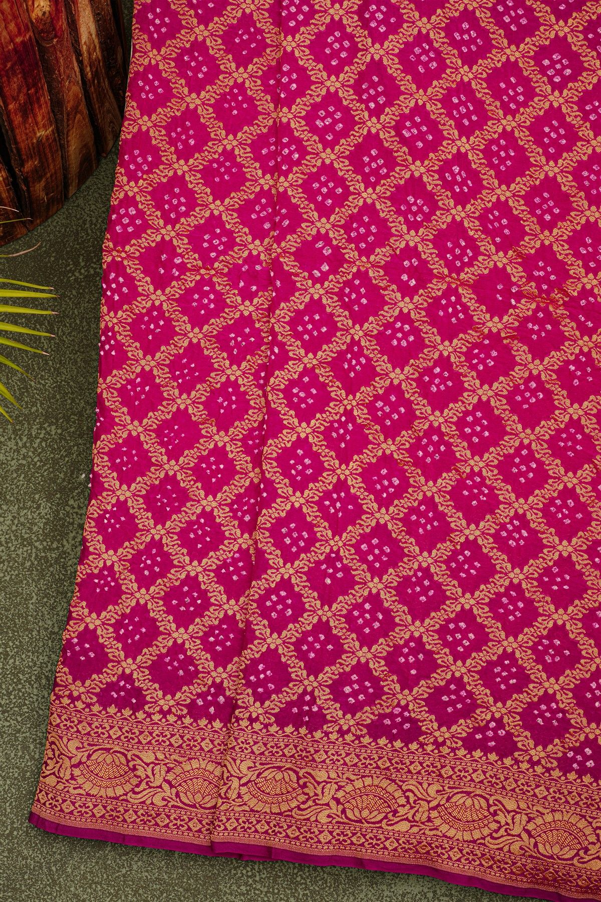 Bandhani Kaddi Georgette Magenta Saree With Bandhani Dots And Florals Body
