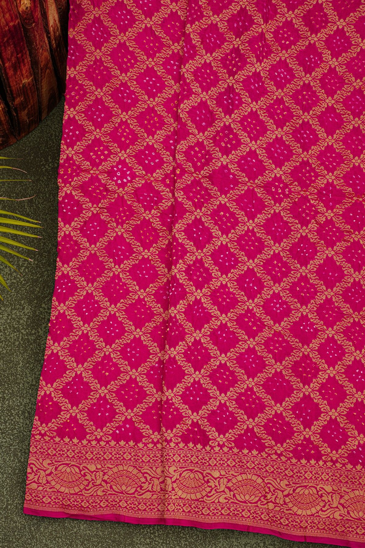 Bandhani Kaddi Georgette Magenta Saree With Bandhani Dots And Florals Body