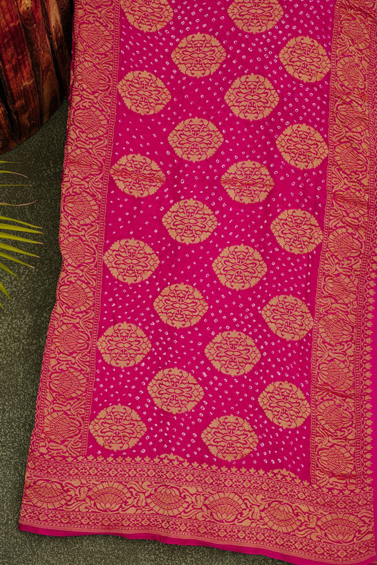 Bandhani Kaddi Georgette Magenta Saree With Bandhani Dots And Florals Body