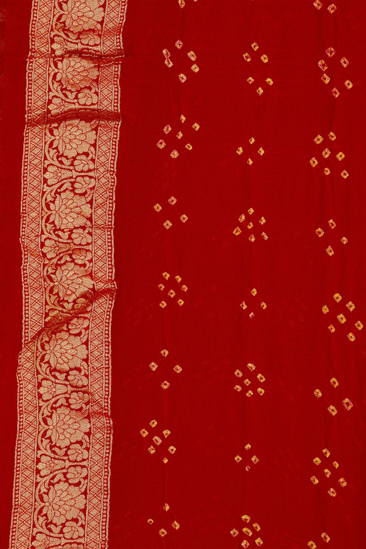 Bandhani Kaddi Georgette Red Saree With Bandhani Dots Body