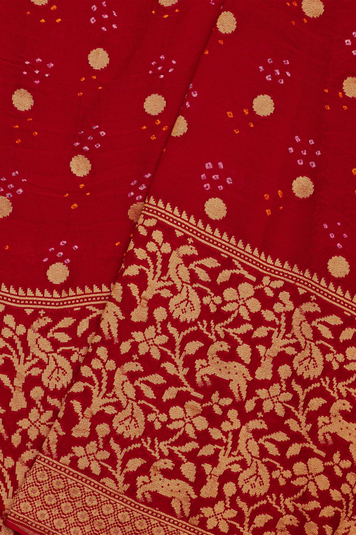 Bandhani Kaddi Georgette Red Saree With Bandhani With Florals