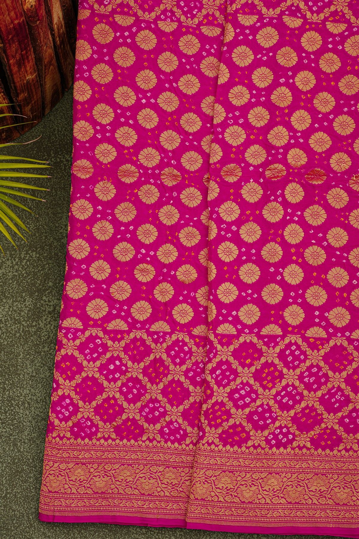 Bandhani Kaddi Georgette Magenta Saree With Bandhani Dots And Florals Body