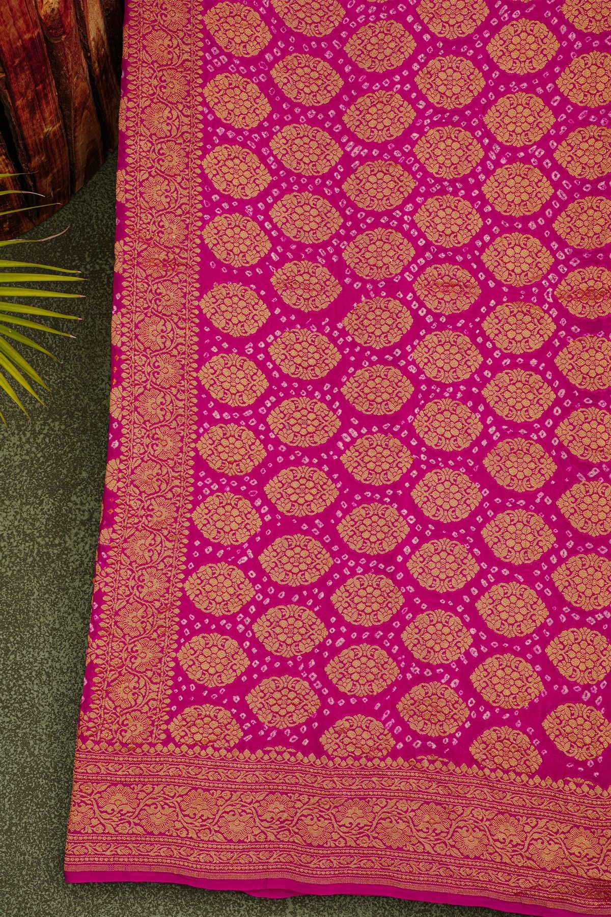Bandhani Kaddi Georgette Magenta Saree With Bandhani Dots And Florals Body