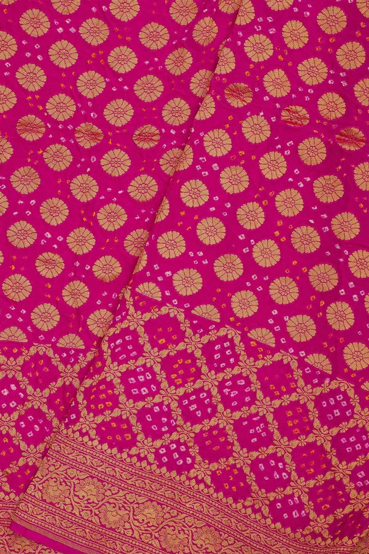 Bandhani Kaddi Georgette Magenta Saree With Bandhani Dots And Florals Body
