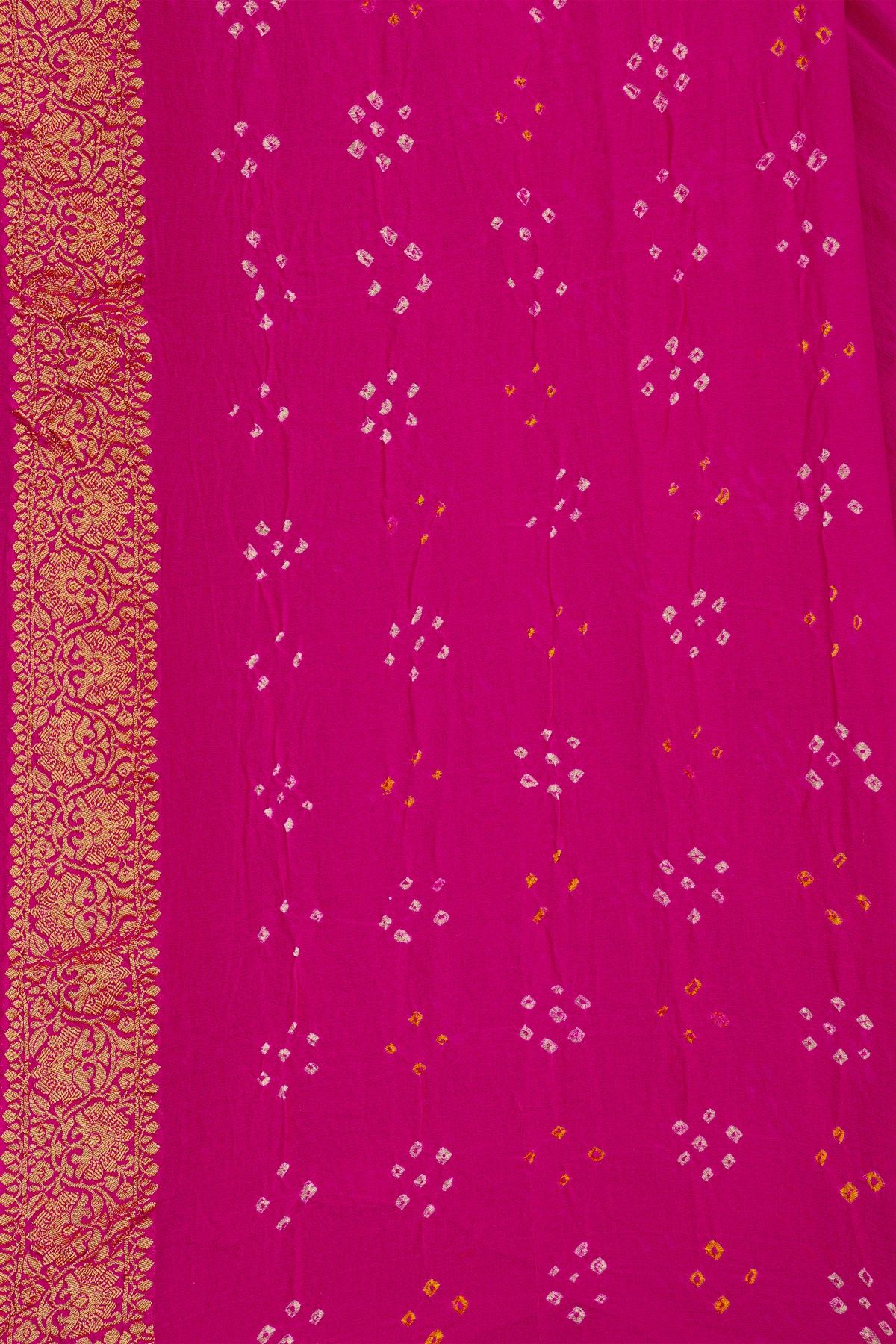 Bandhani Kaddi Georgette Magenta Saree With Bandhani Dots And Florals Body