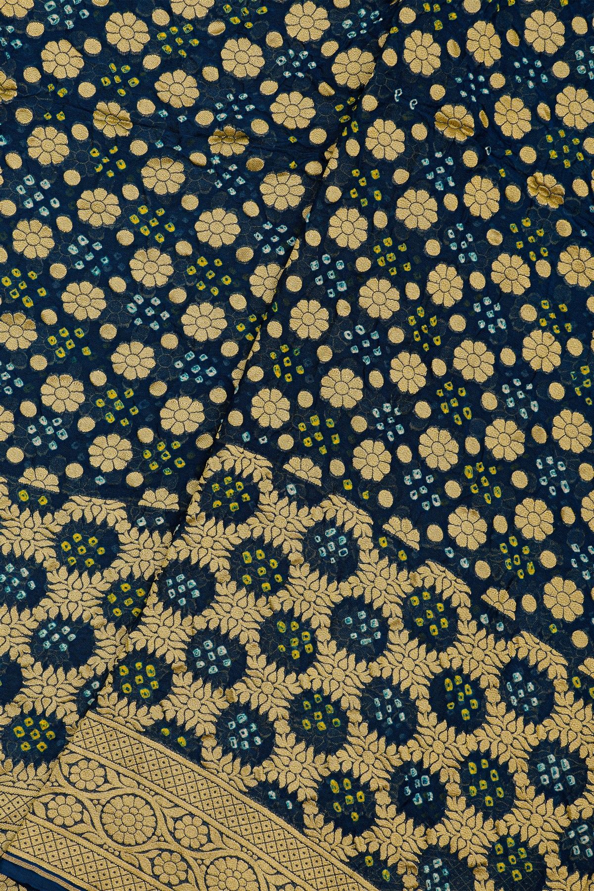 Bandhani Kaddi Georgette Teal Blue Saree With Bandhani Dots And Florals Body