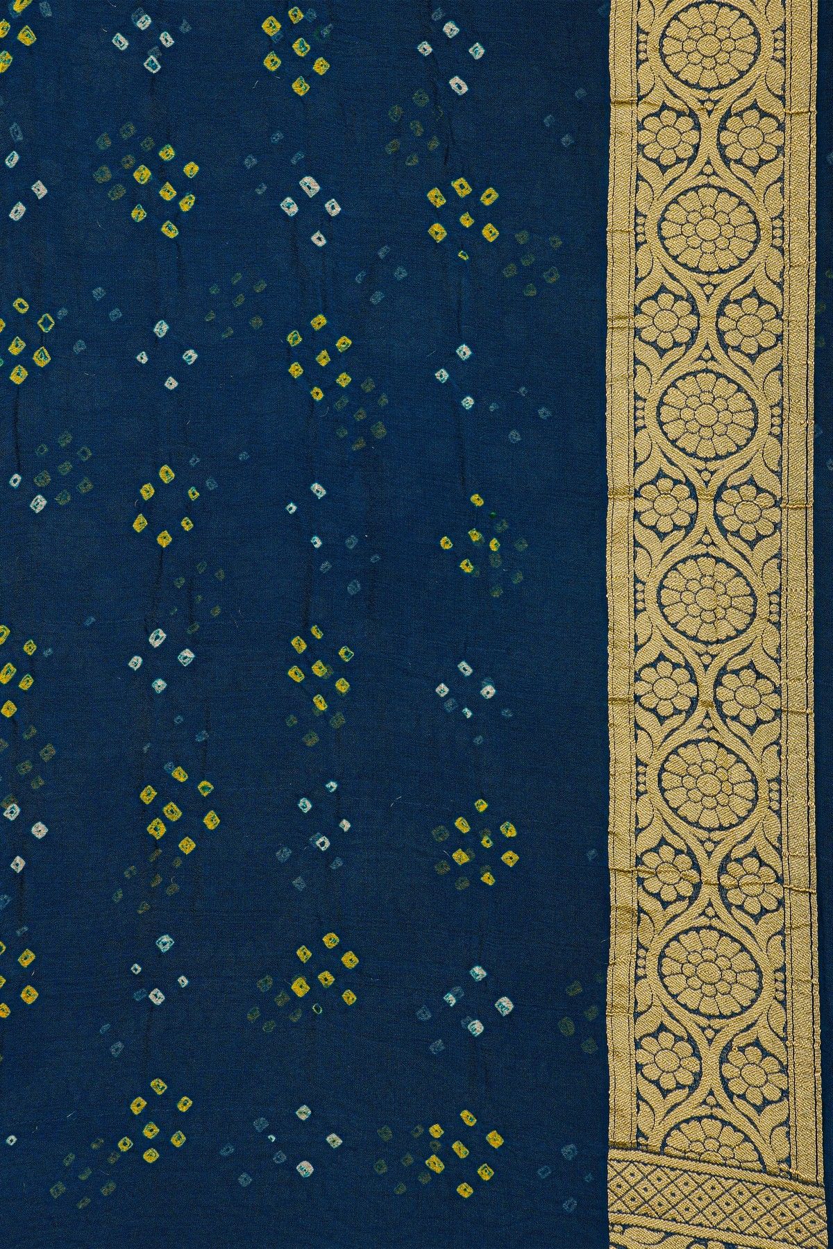 Bandhani Kaddi Georgette Teal Blue Saree With Bandhani Dots And Florals Body