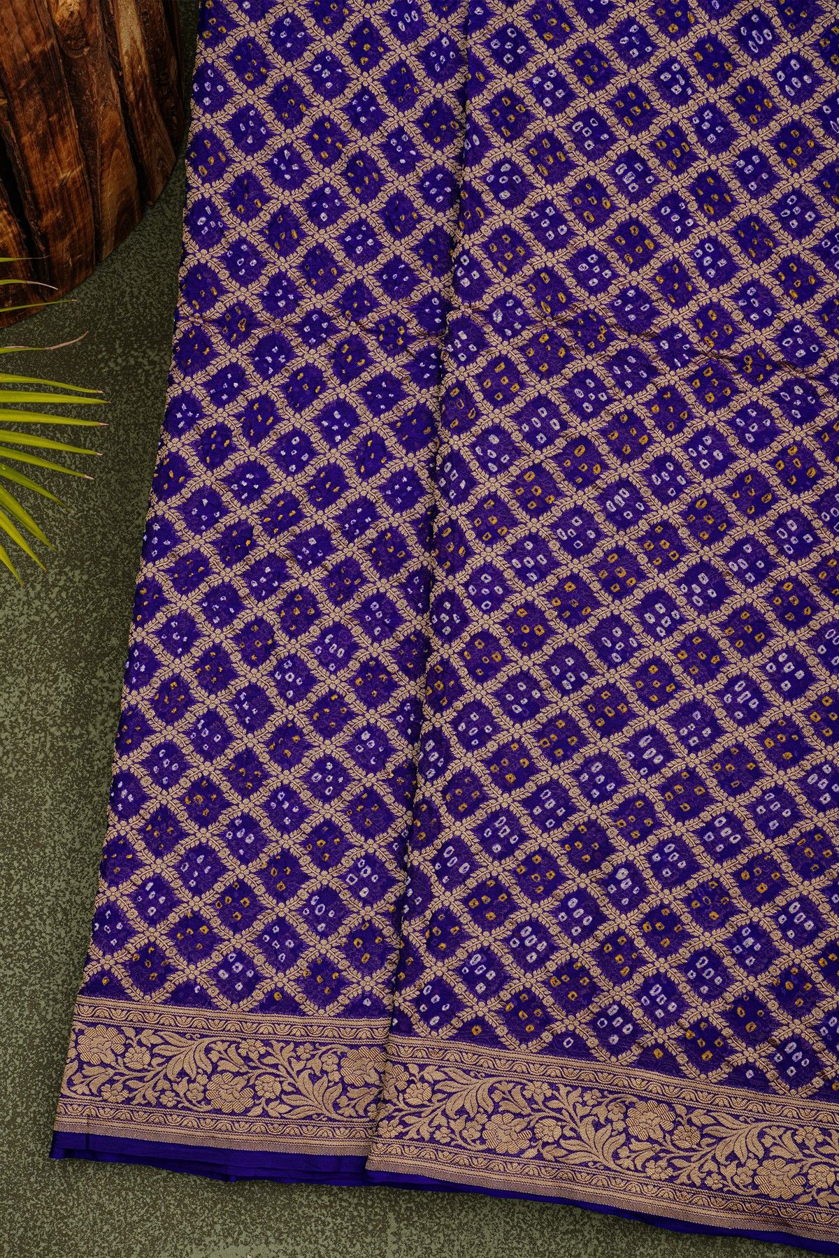 Bandhani Kaddi Georgette Royal Blue Saree With Bandhani Dots And Florals Body