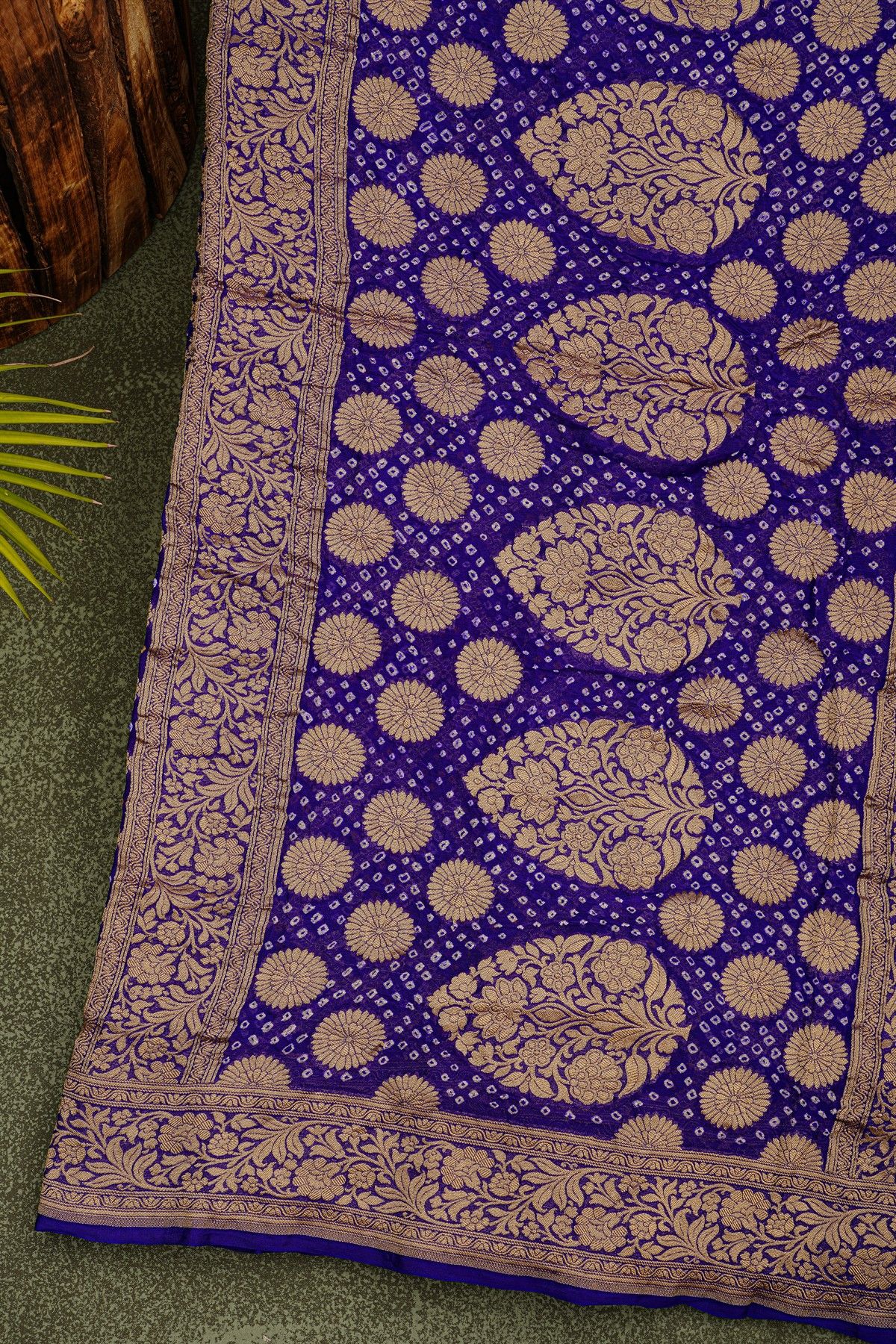 Bandhani Kaddi Georgette Royal Blue Saree With Bandhani Dots And Florals Body