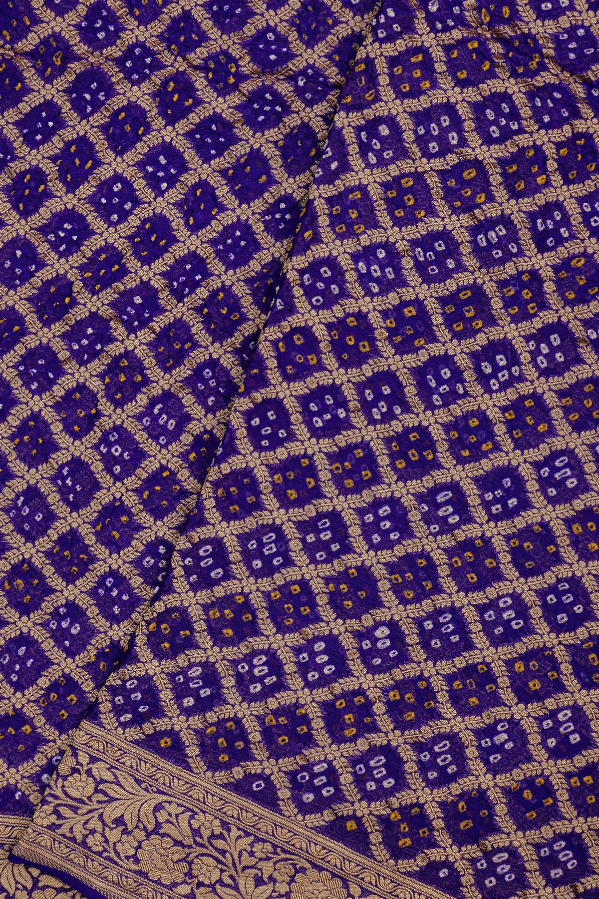 Bandhani Kaddi Georgette Royal Blue Saree With Bandhani Dots And Florals Body