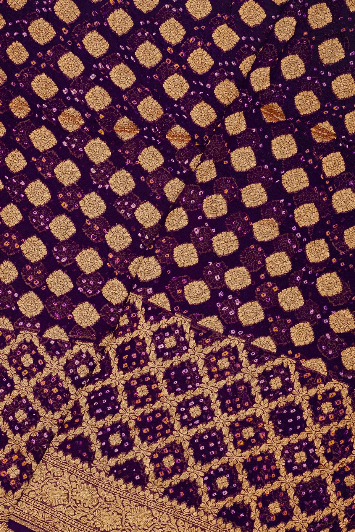 Bandhani Kaddi Georgette Purple Saree With Bandhani Dots Body
