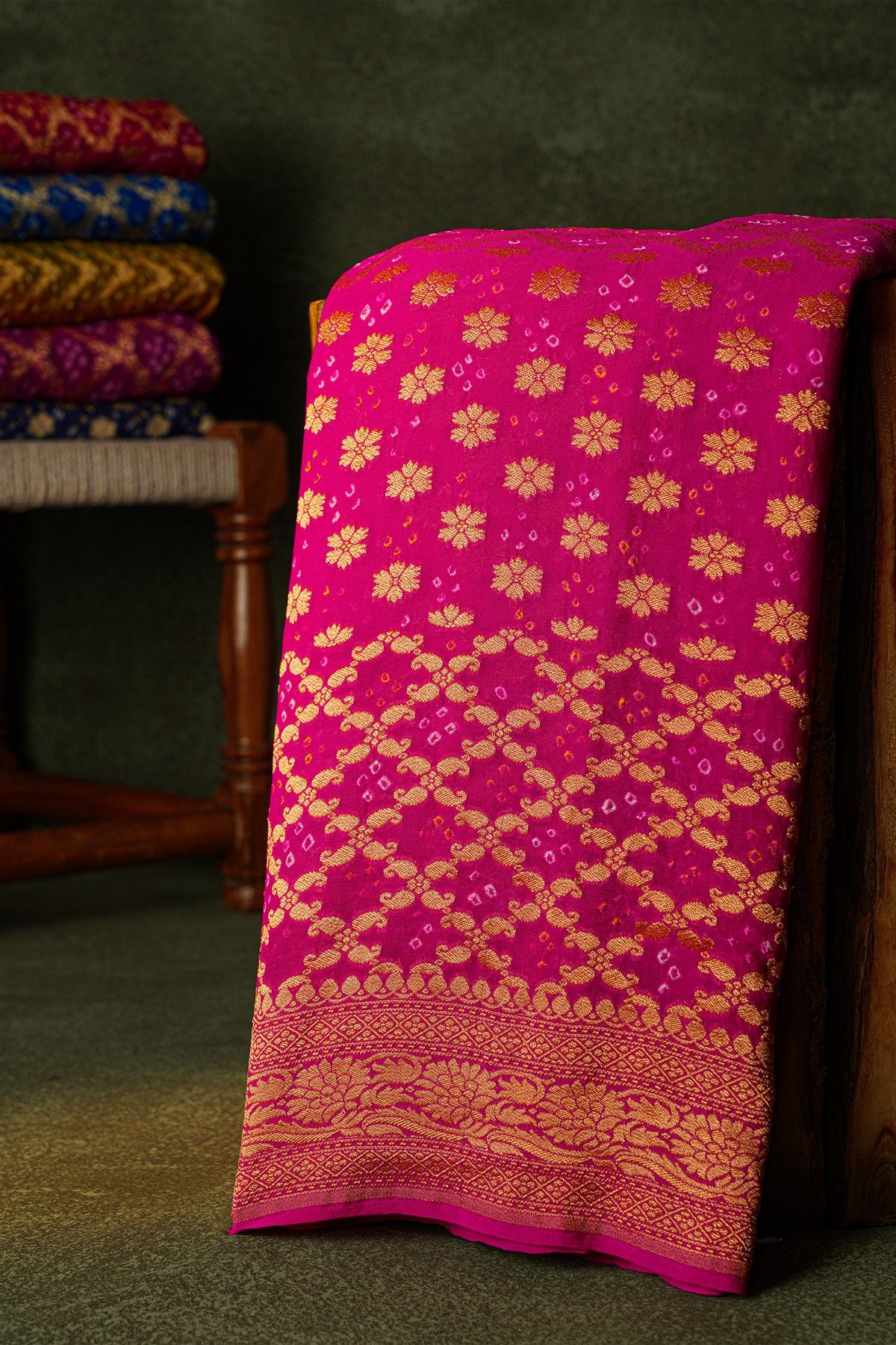 Bandhani Kaddi Georgette Pink Saree With Bandhani Dots And Florals Body