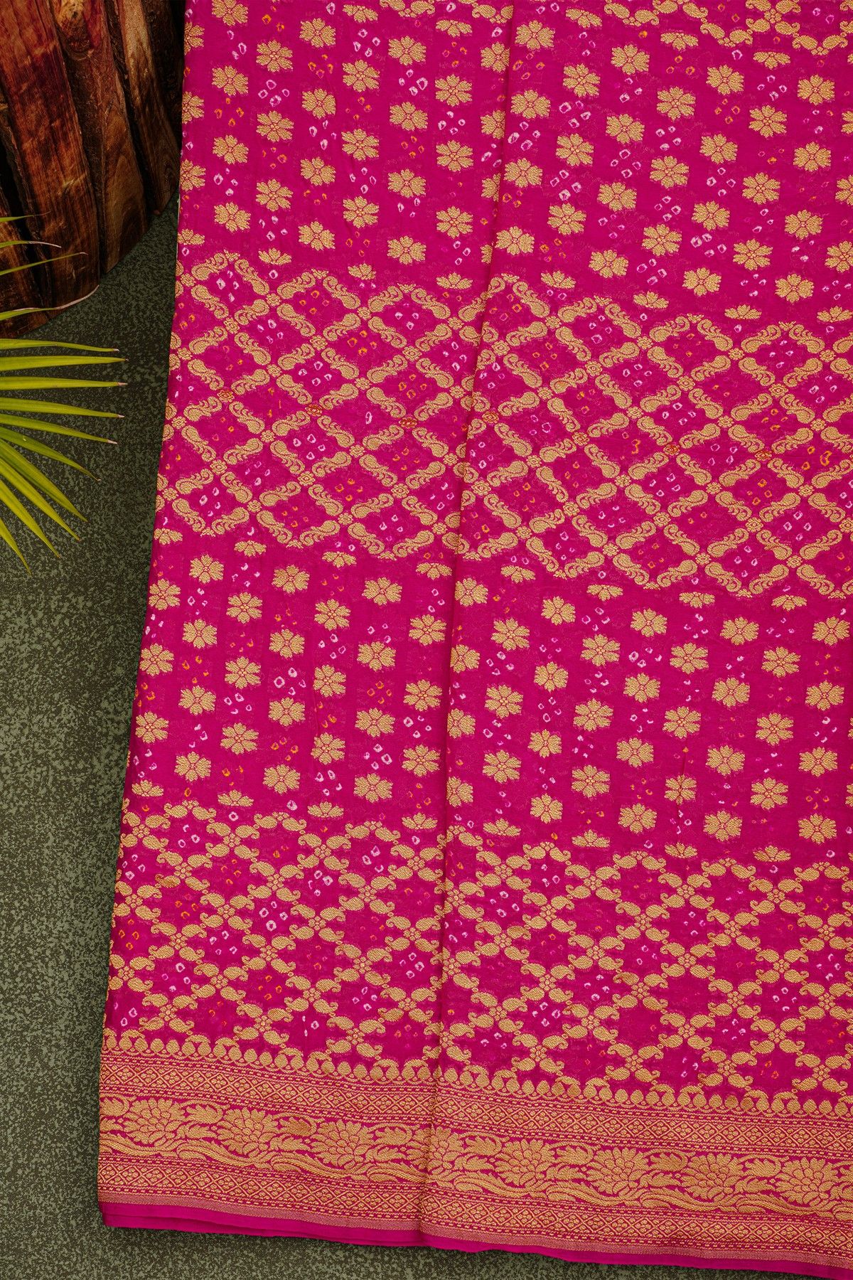 Bandhani Kaddi Georgette Pink Saree With Bandhani Dots And Florals Body