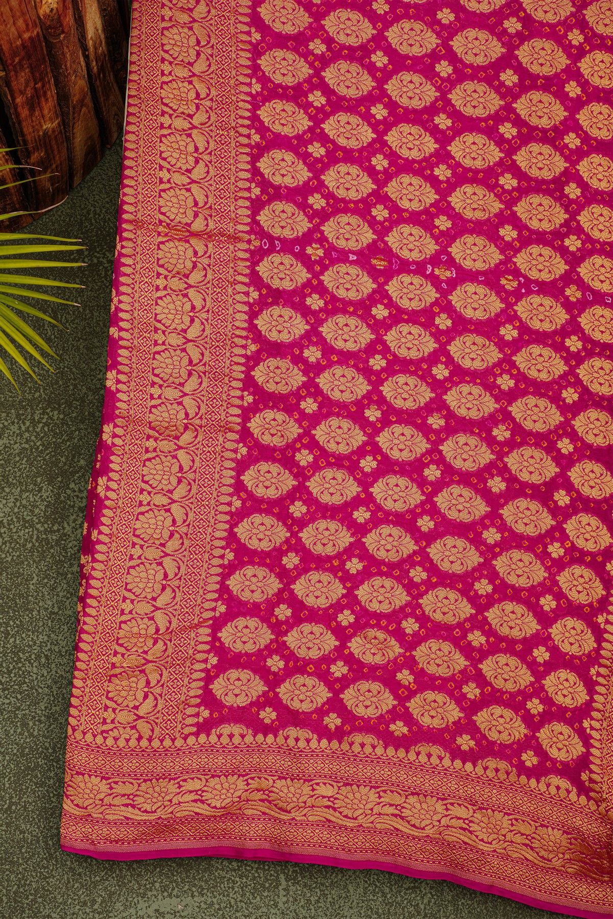 Bandhani Kaddi Georgette Pink Saree With Bandhani Dots And Florals Body