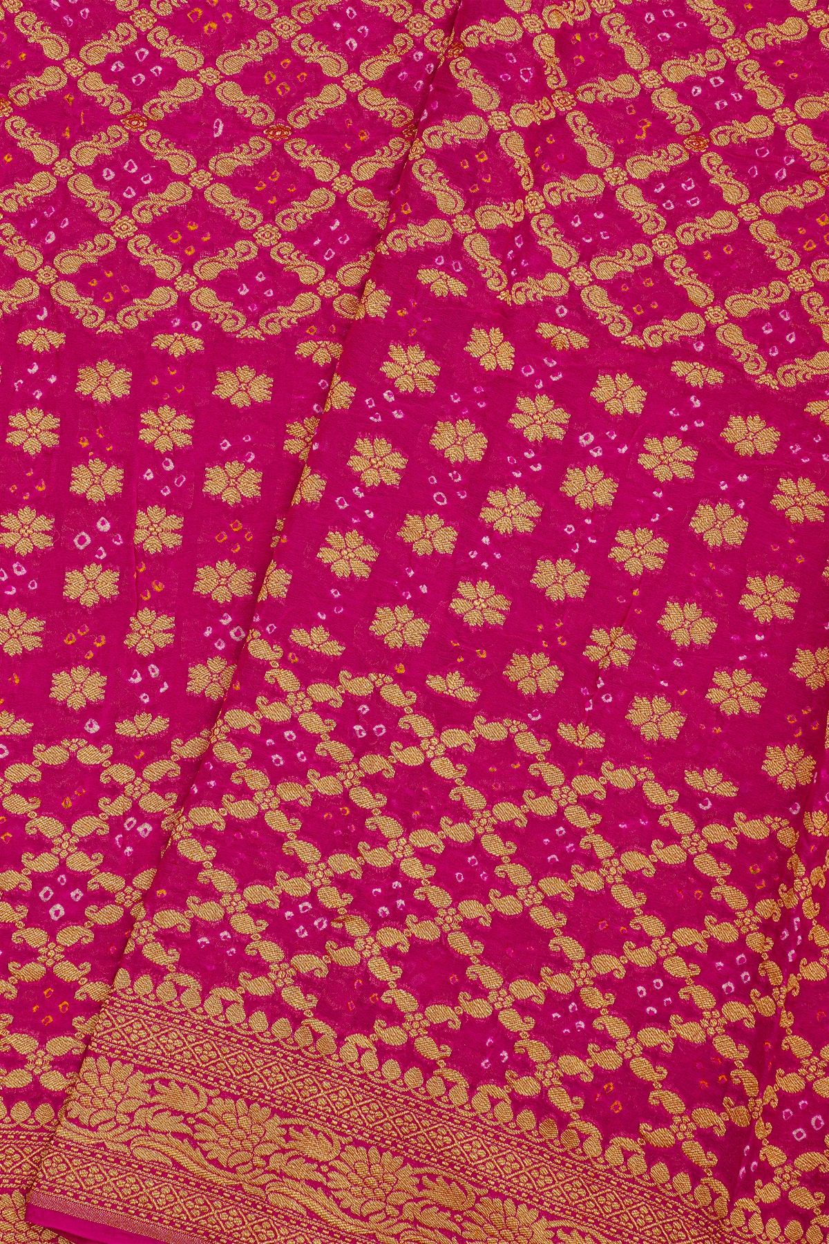 Bandhani Kaddi Georgette Pink Saree With Bandhani Dots And Florals Body