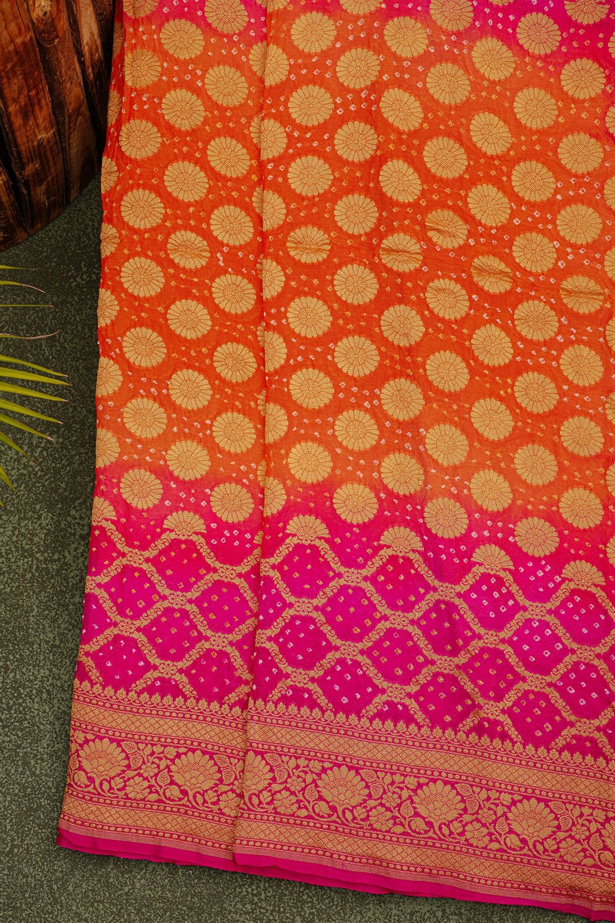 Bandhani Kaddi Georgette Dual Colour Saree With Bandhani Dots And Florals Body