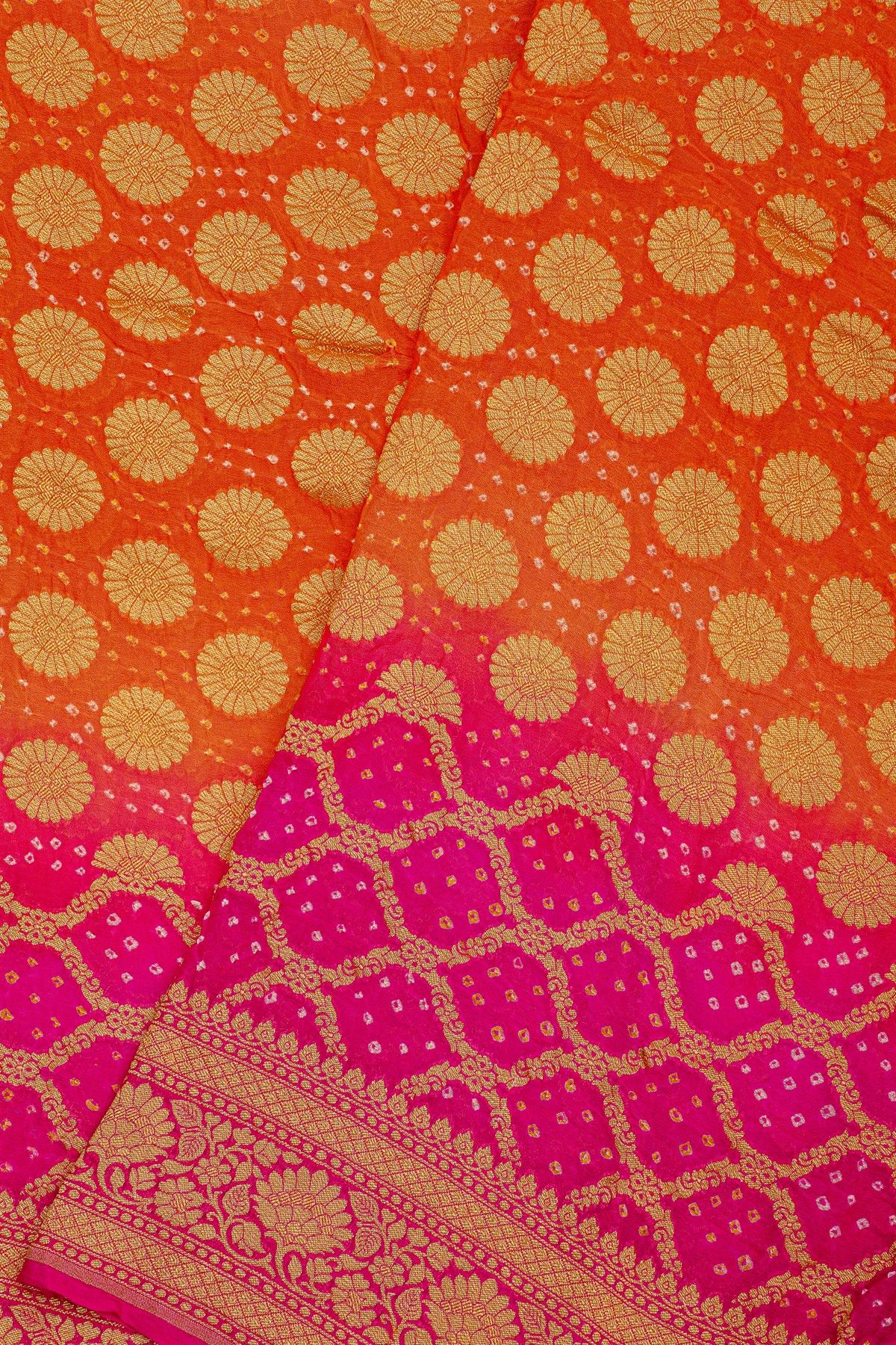 Bandhani Kaddi Georgette Dual Colour Saree With Bandhani Dots And Florals Body