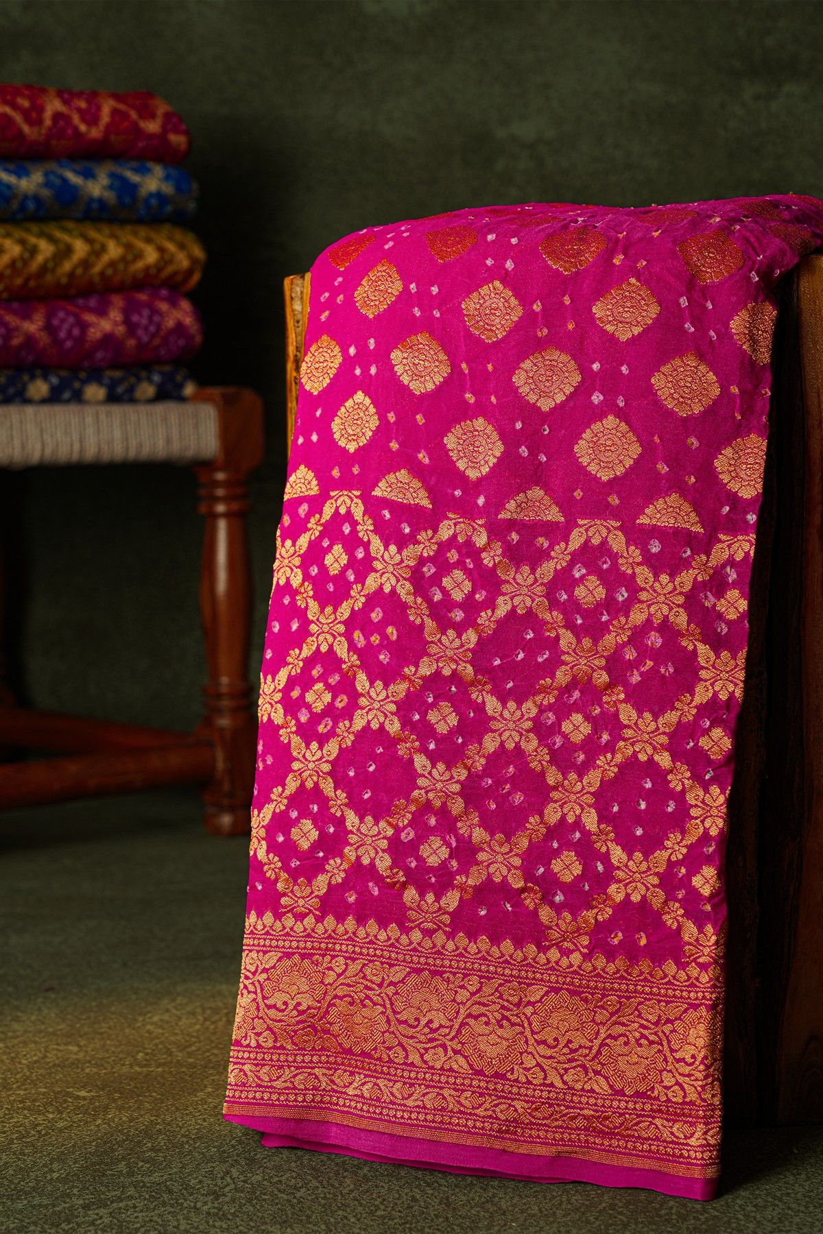 Bandhani Kaddi Georgette Pink Saree With Bandhani Dots And Florals Body