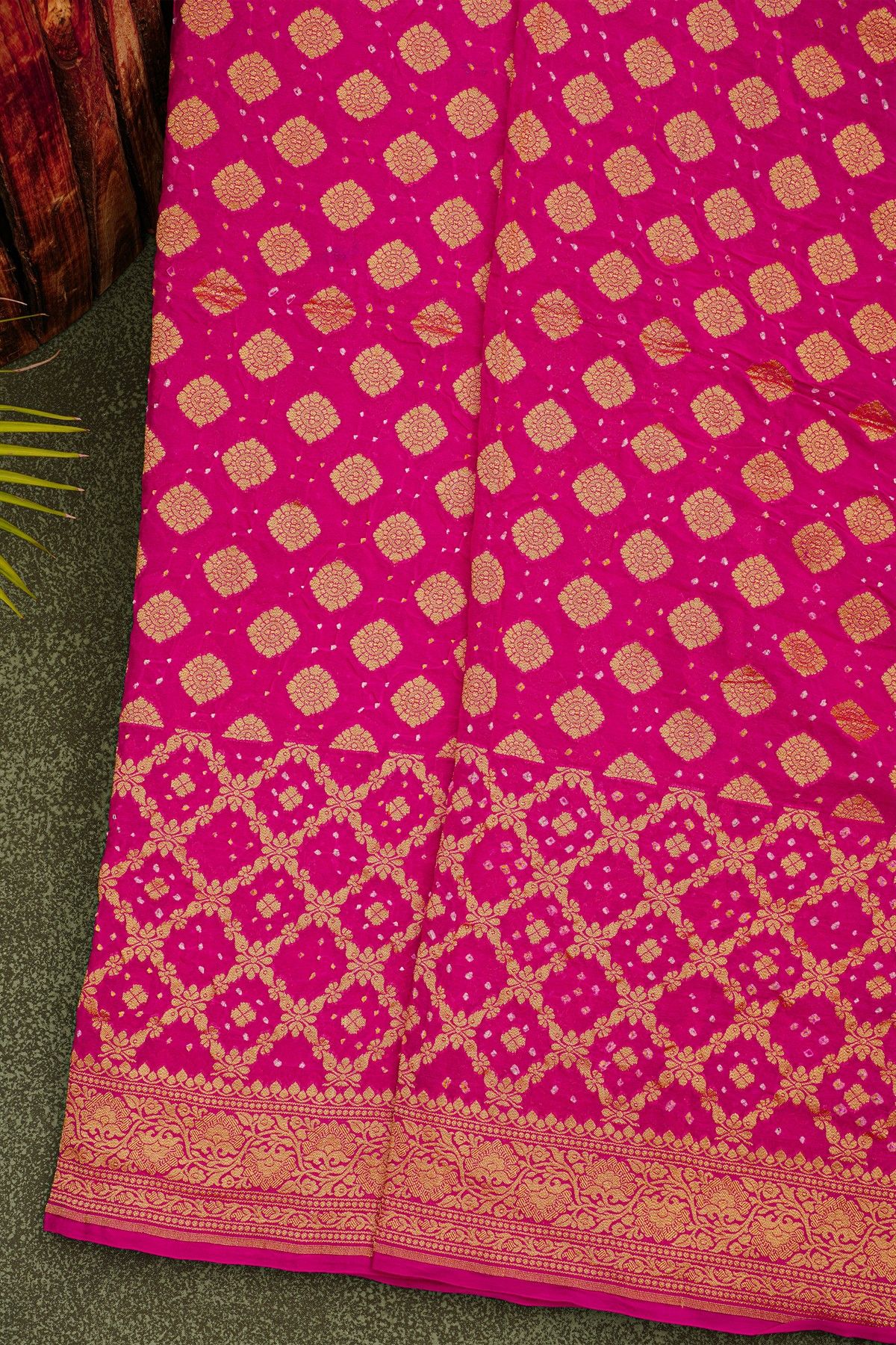 Bandhani Kaddi Georgette Pink Saree With Bandhani Dots And Florals Body