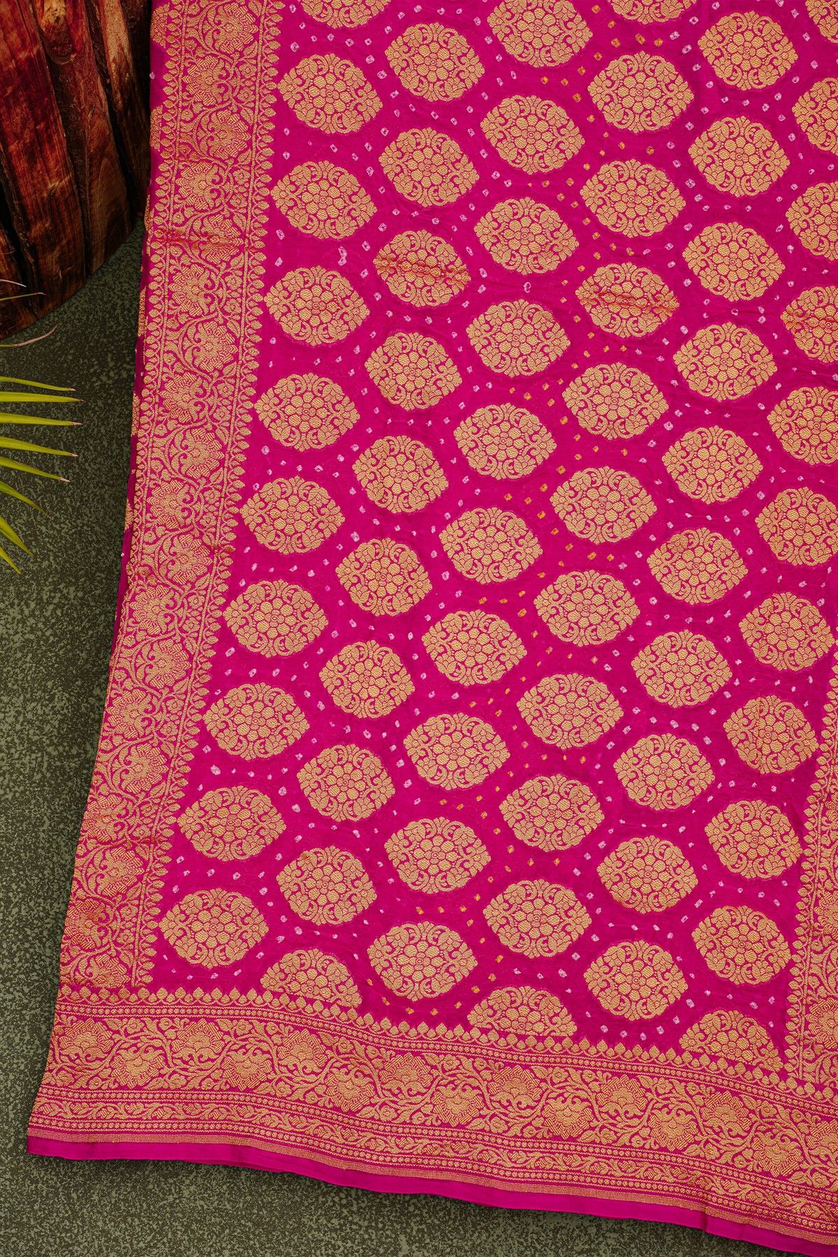 Bandhani Kaddi Georgette Pink Saree With Bandhani Dots And Florals Body
