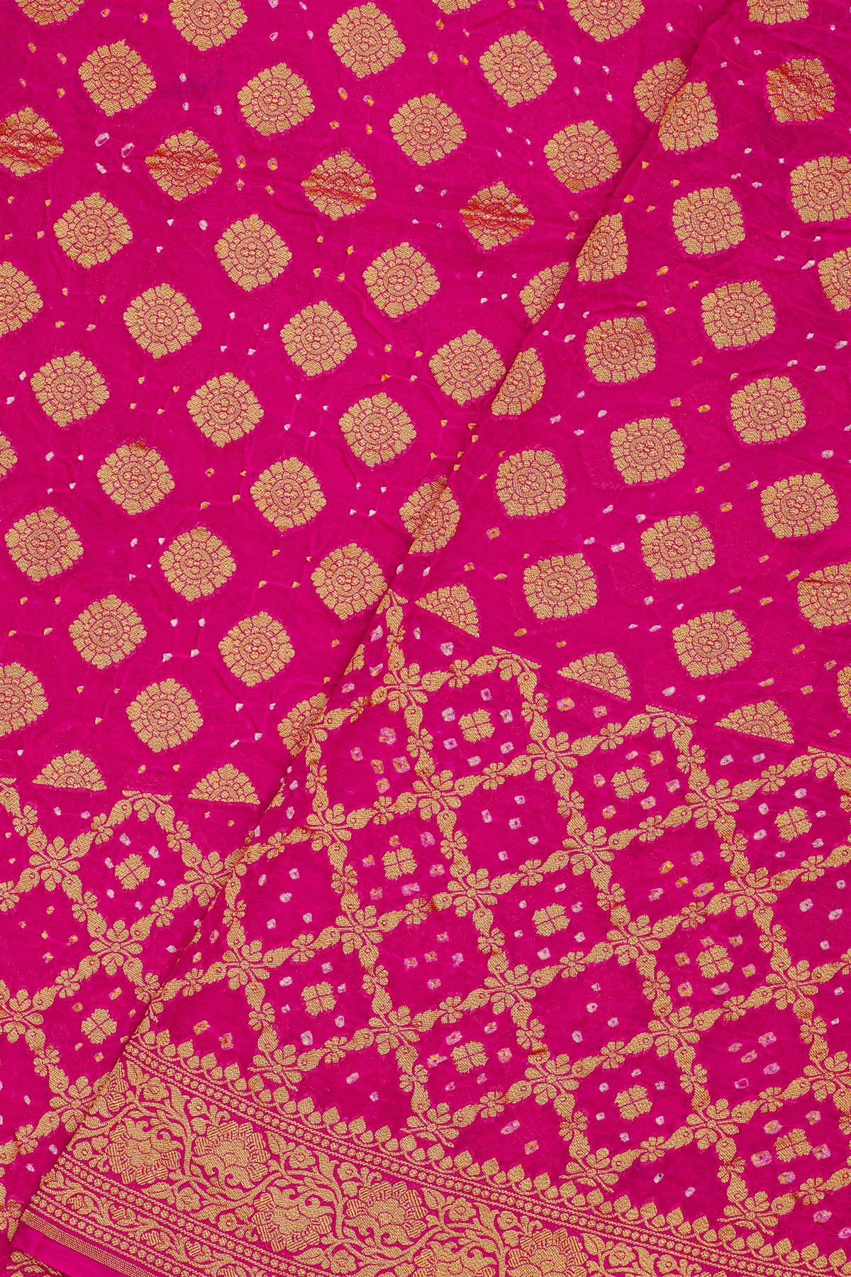 Bandhani Kaddi Georgette Pink Saree With Bandhani Dots And Florals Body