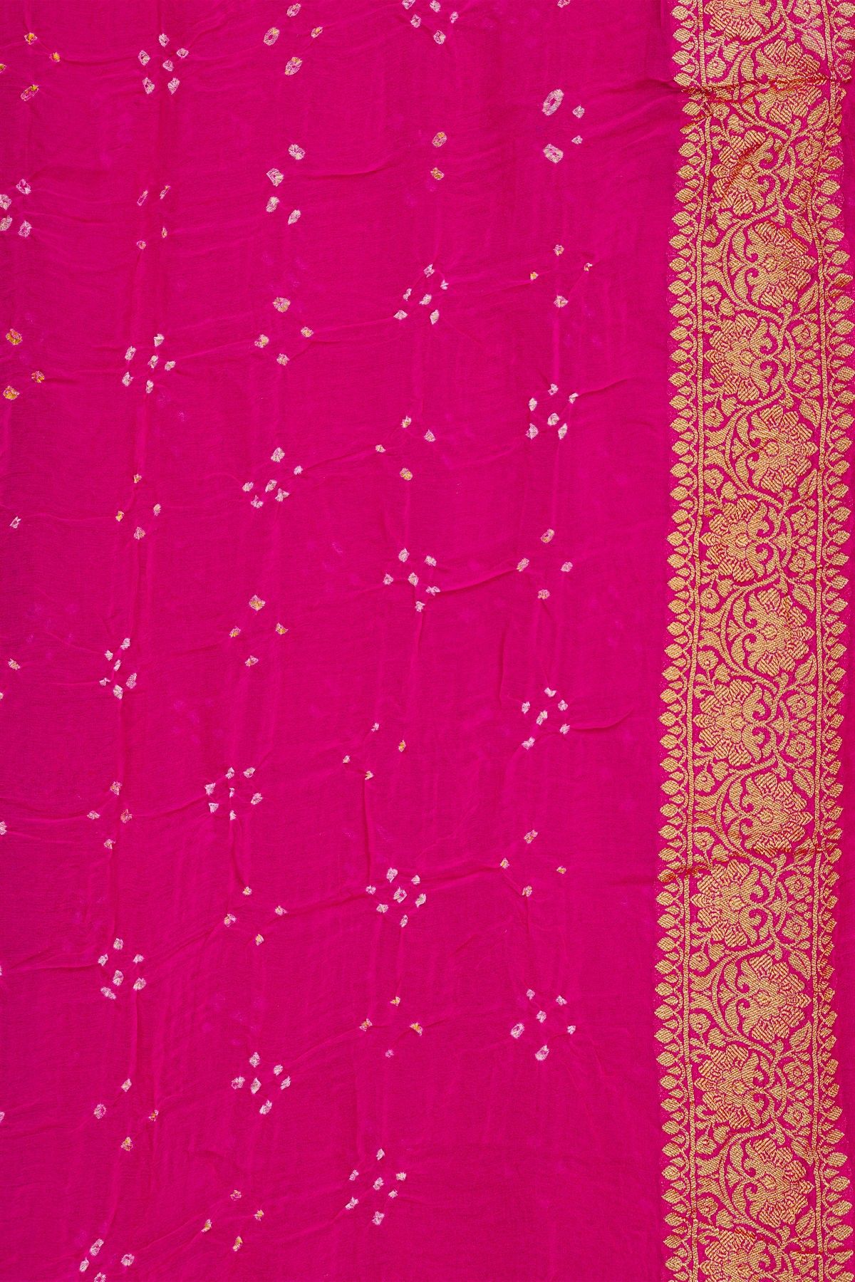 Bandhani Kaddi Georgette Pink Saree With Bandhani Dots And Florals Body