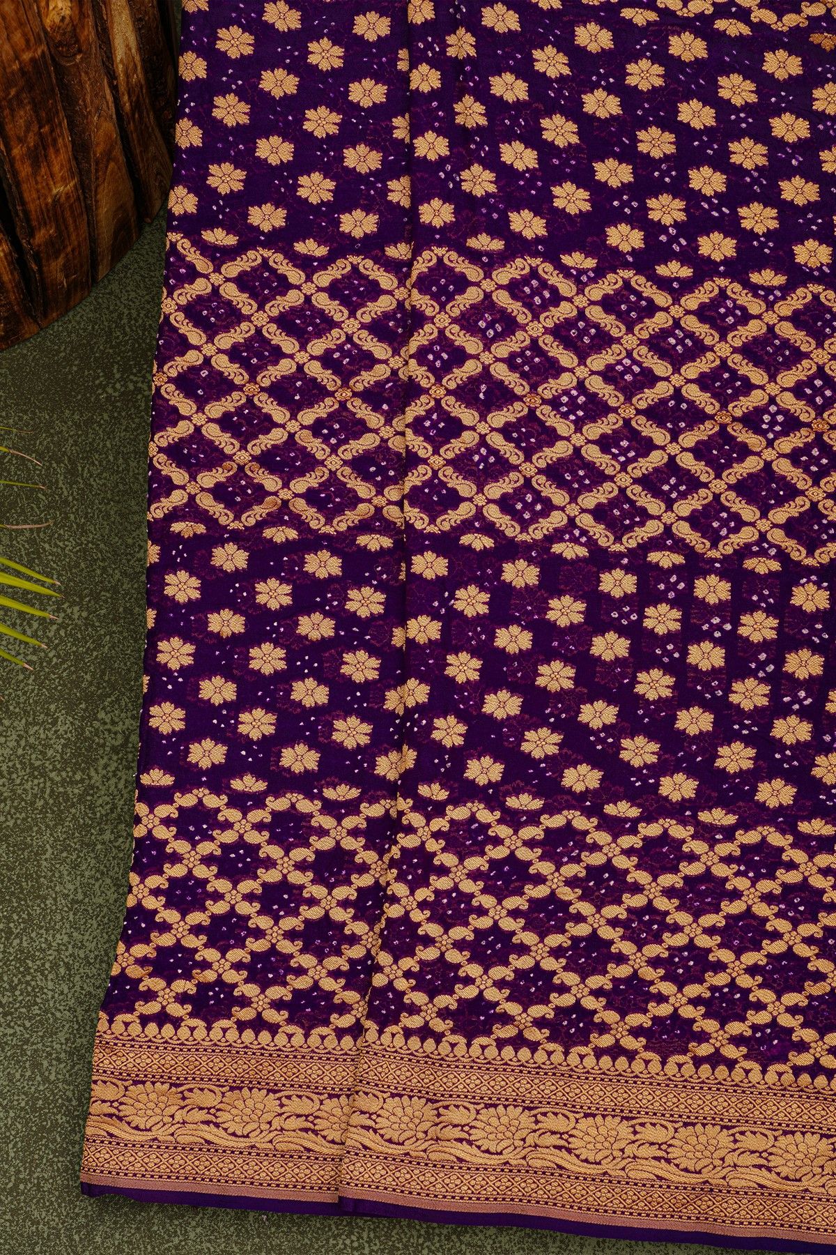 Bandhani Kaddi Georgette Purple Saree With Bandhani Dots And Florals Body